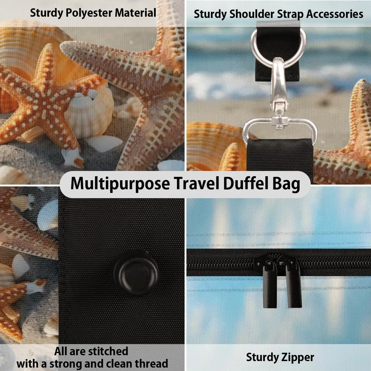 Travel Duffle Bag Beach Seashells Starfish Gym Bags for Men Women Travel Duffel Bags with Adjustable Shoulder Strap Carry On Weekender Bag