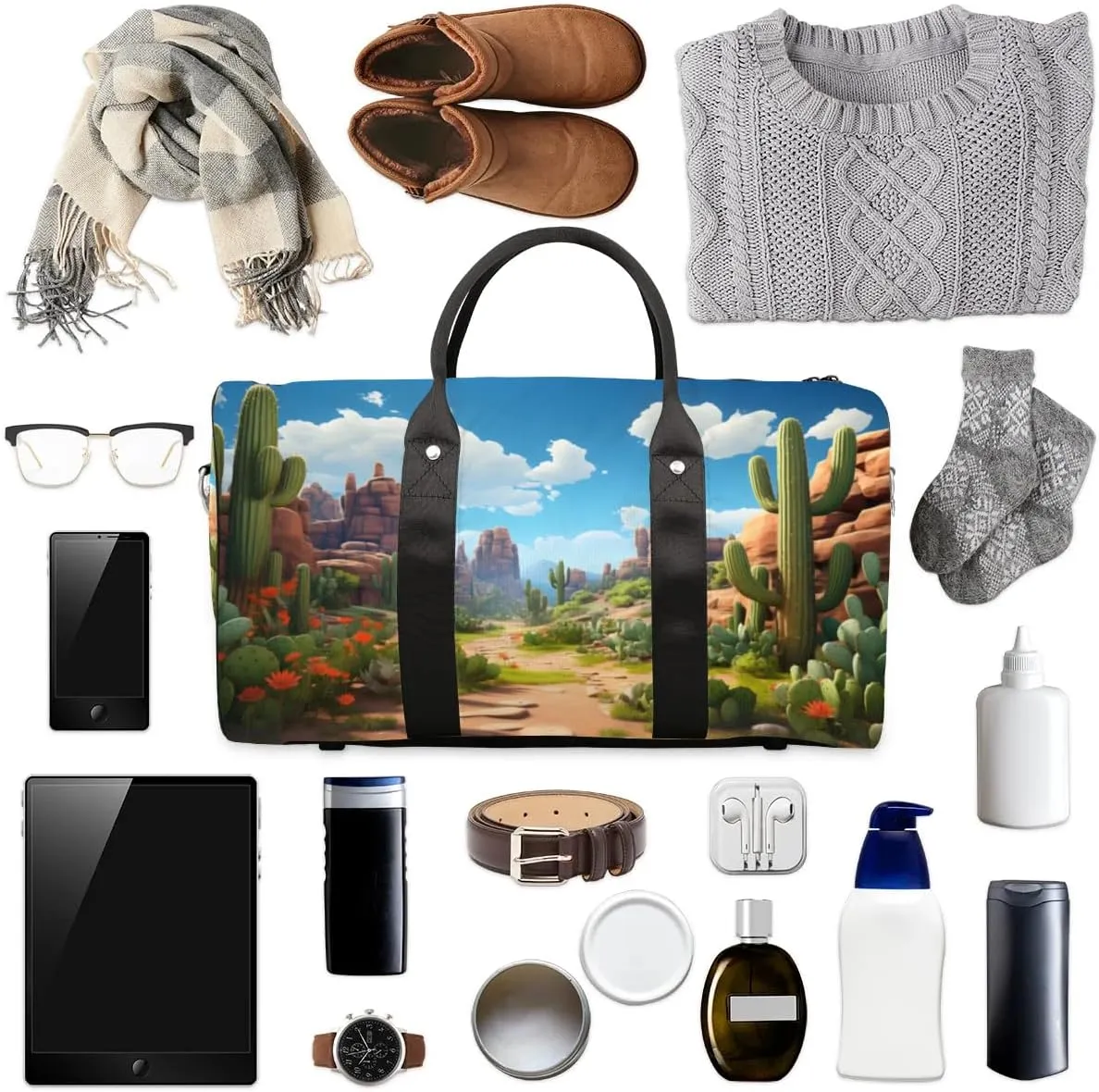 Travel Duffle Bag Cactus Landscape Gym Bags for Men Women Travel Duffel Bags with Adjustable Shoulder Strap Carry On Weekender Bag