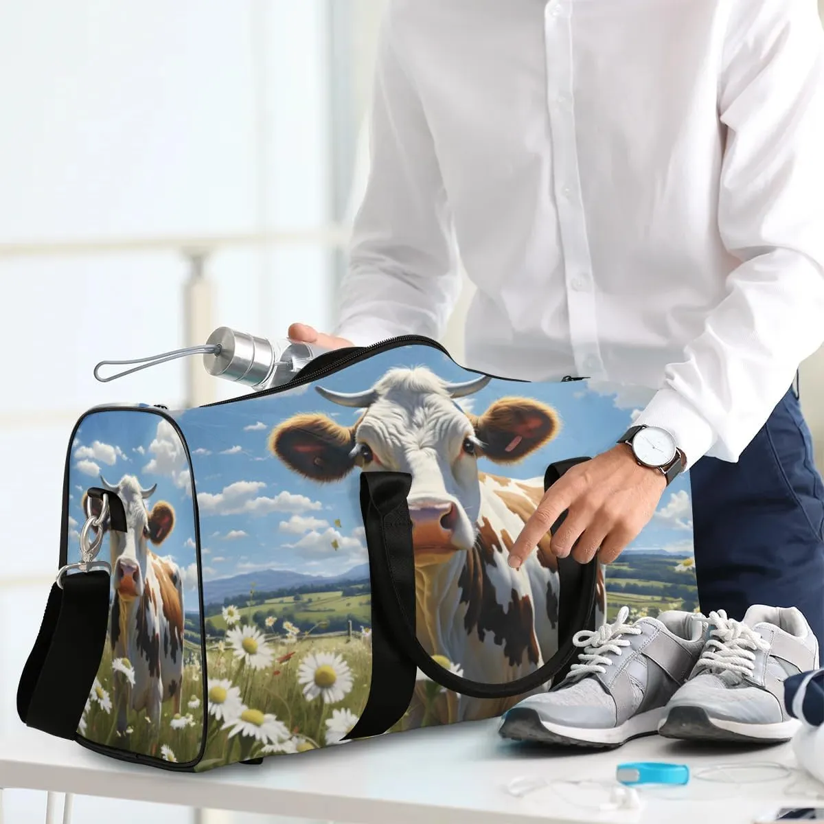 Travel Duffle Bag Cow Daisies Gym Bags for Men Women Travel Duffel Bags with Adjustable Shoulder Strap Carry On Weekender Bag