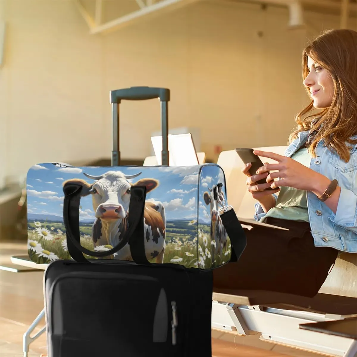 Travel Duffle Bag Cow Daisies Gym Bags for Men Women Travel Duffel Bags with Adjustable Shoulder Strap Carry On Weekender Bag
