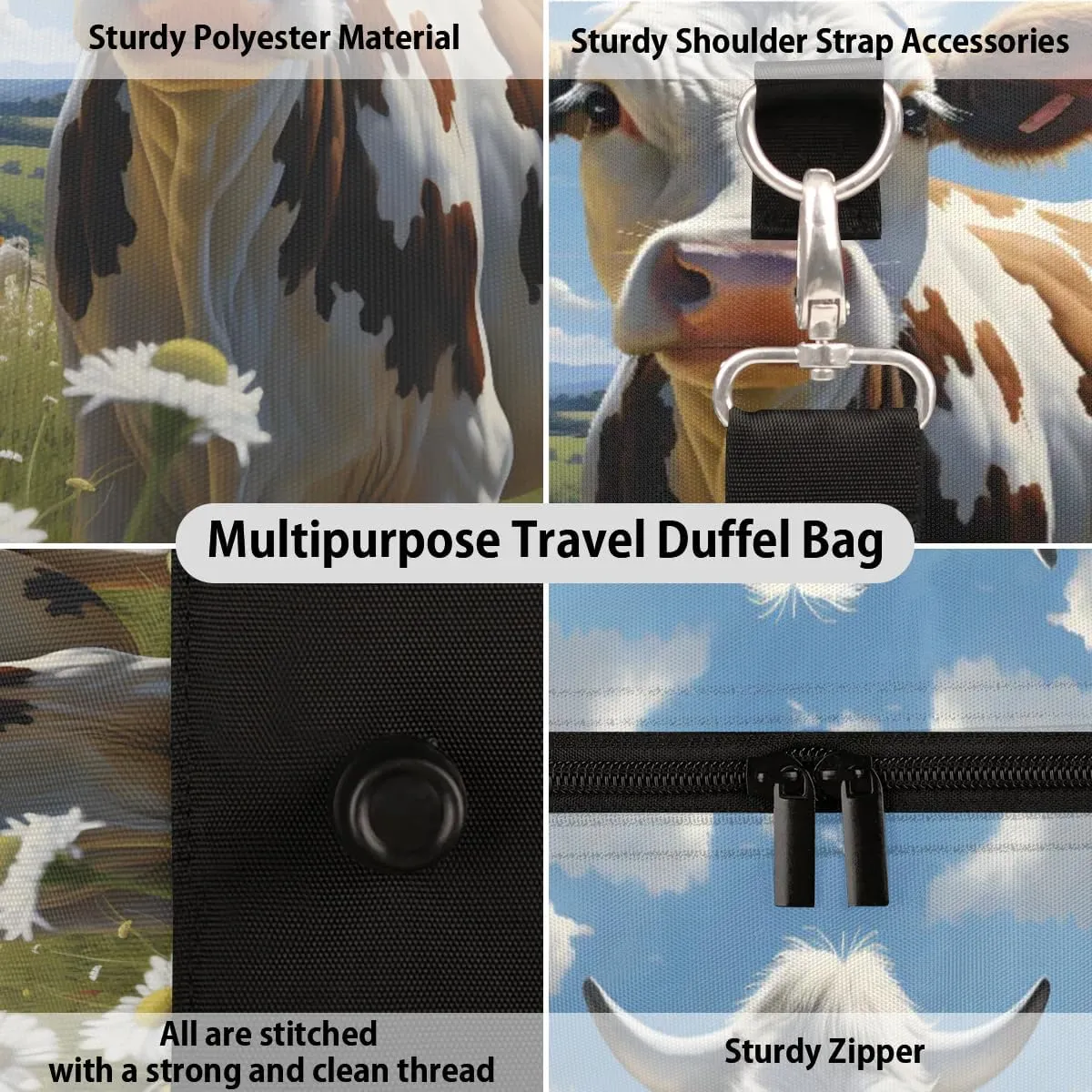 Travel Duffle Bag Cow Daisies Gym Bags for Men Women Travel Duffel Bags with Adjustable Shoulder Strap Carry On Weekender Bag