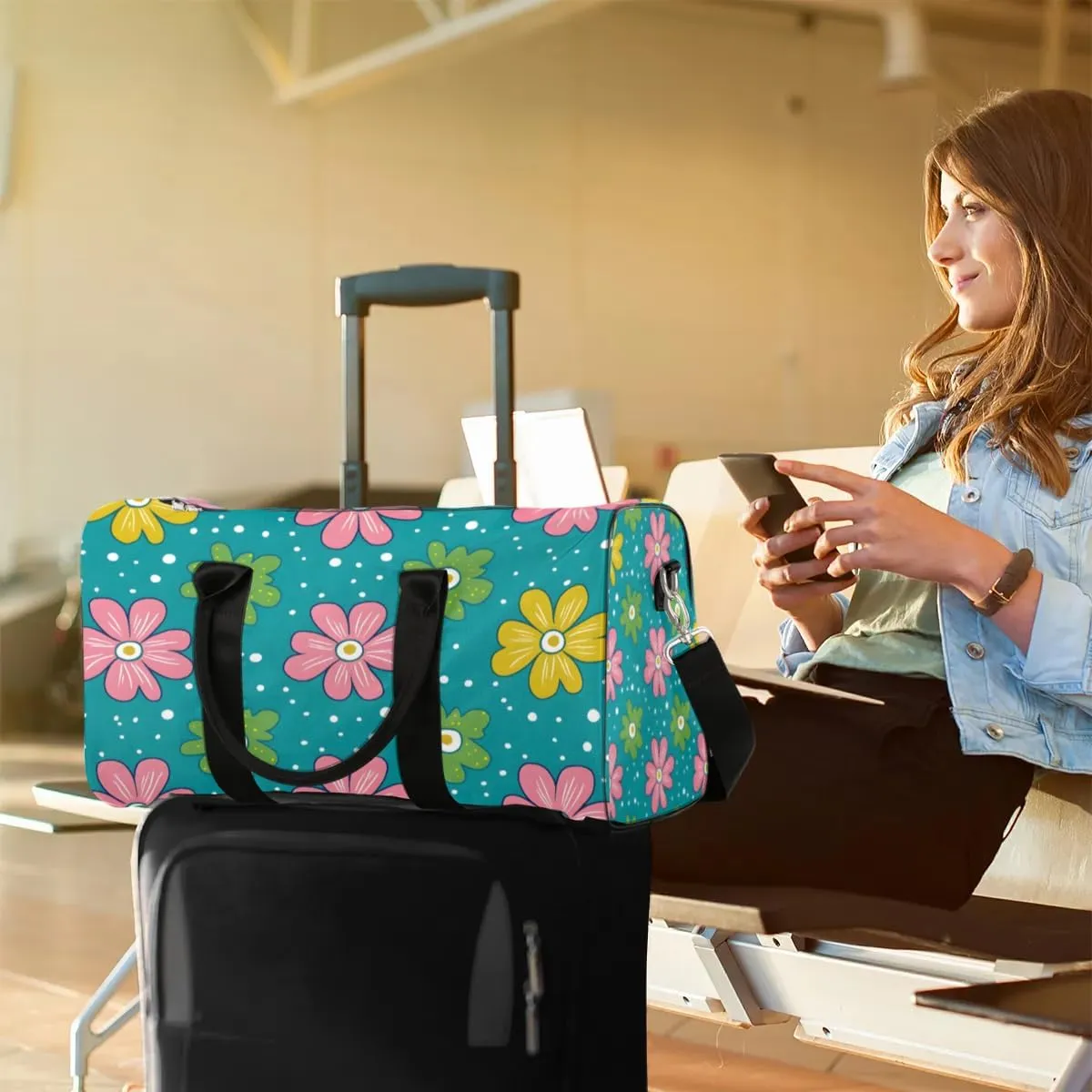 Travel Duffle Bag Cute Flowers Dots Gym Bags for Men Women Travel Duffel Bags with Adjustable Shoulder Strap Carry On Weekender Bag