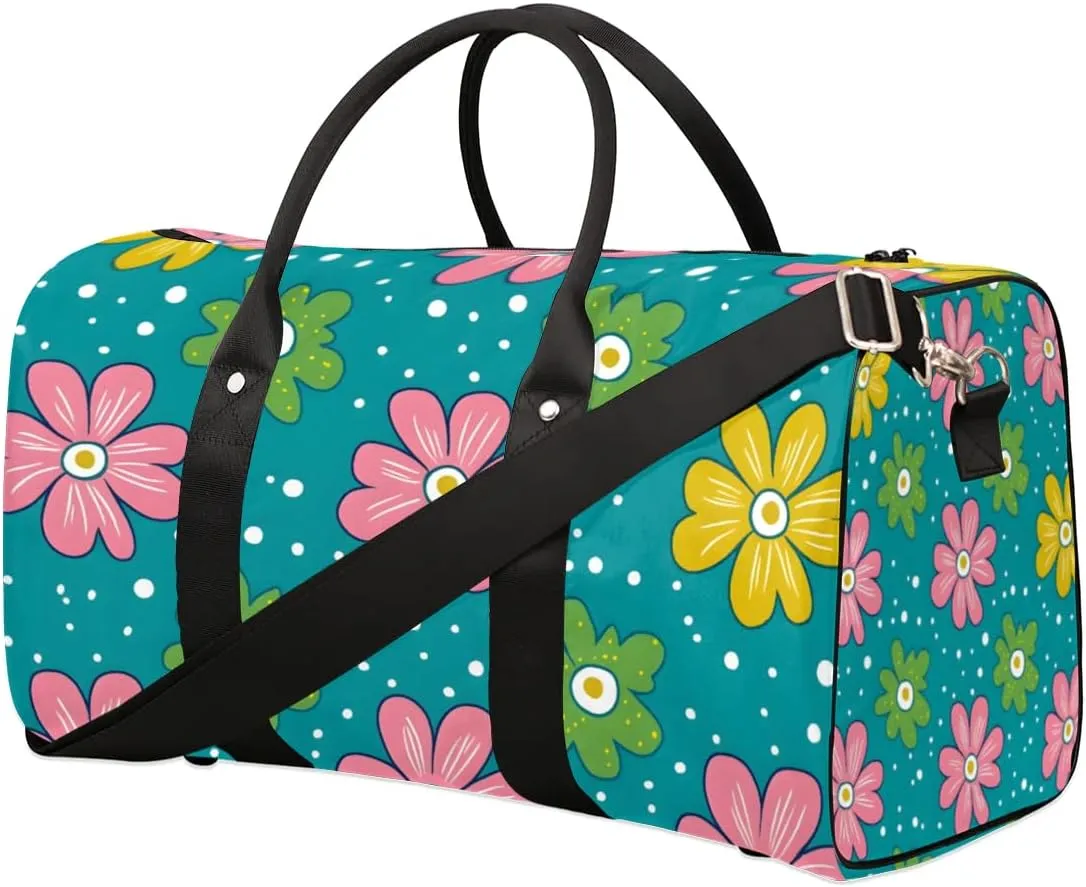 Travel Duffle Bag Cute Flowers Dots Gym Bags for Men Women Travel Duffel Bags with Adjustable Shoulder Strap Carry On Weekender Bag