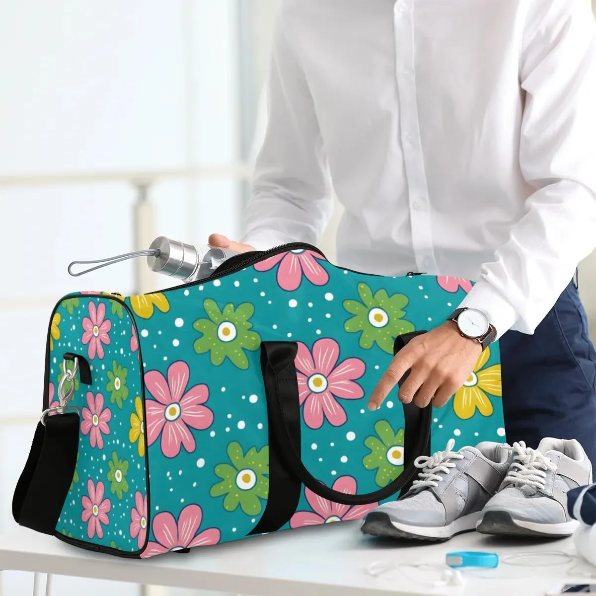Travel Duffle Bag Cute Flowers Dots Gym Bags for Men Women Travel Duffel Bags with Adjustable Shoulder Strap Carry On Weekender Bag