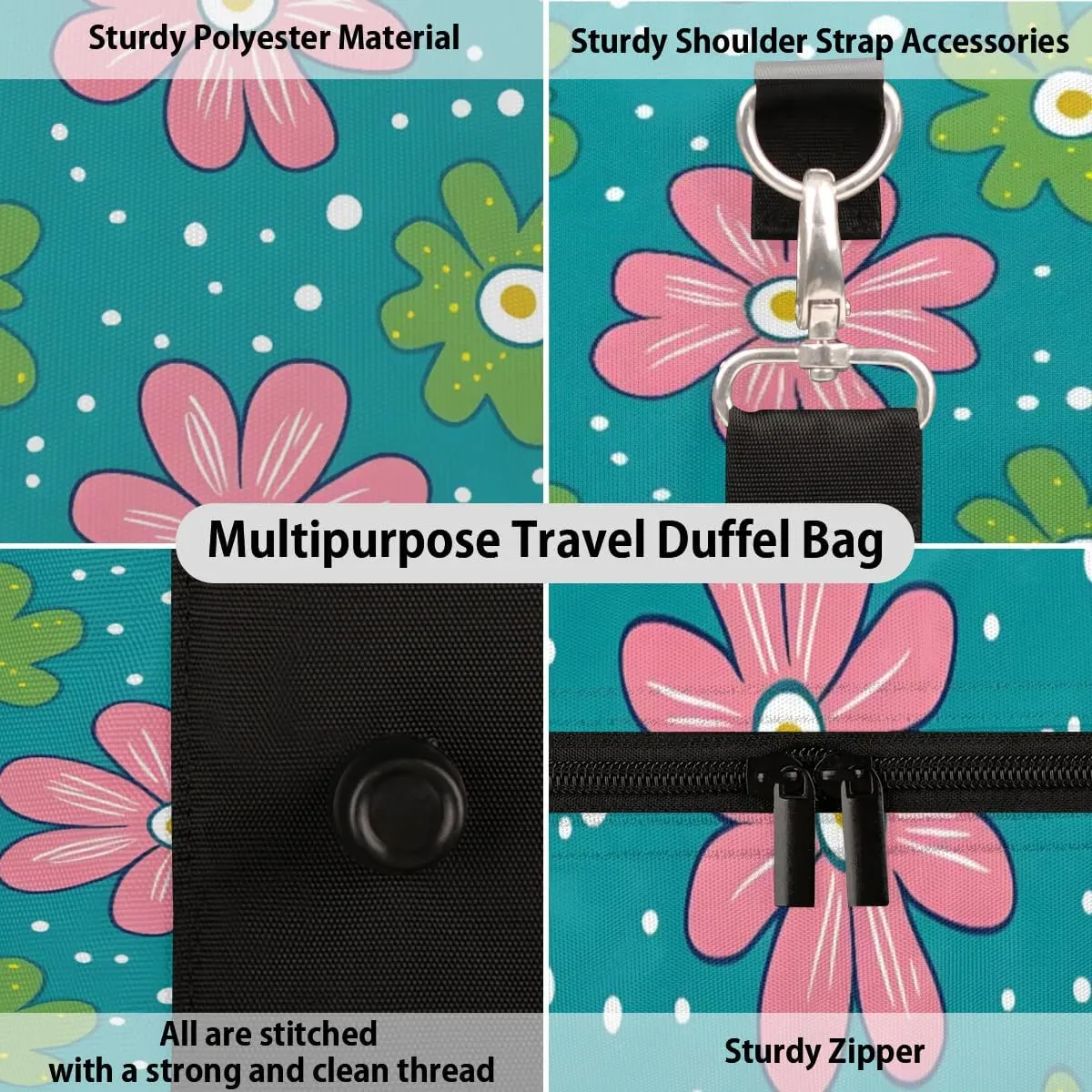 Travel Duffle Bag Cute Flowers Dots Gym Bags for Men Women Travel Duffel Bags with Adjustable Shoulder Strap Carry On Weekender Bag
