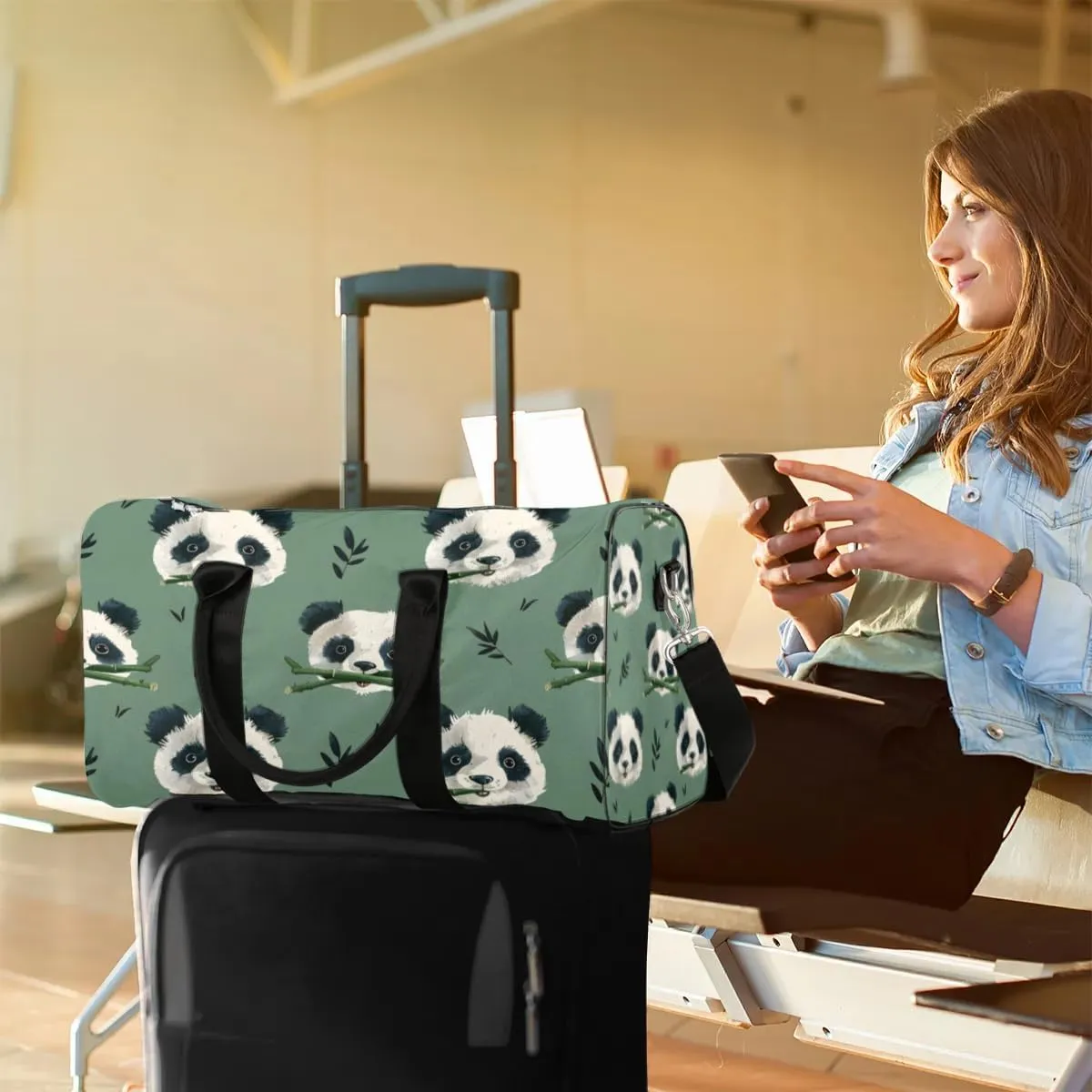 Travel Duffle Bag Cute Pandas Gym Bags for Men Women Travel Duffel Bags with Adjustable Shoulder Strap Carry On Weekender Bag