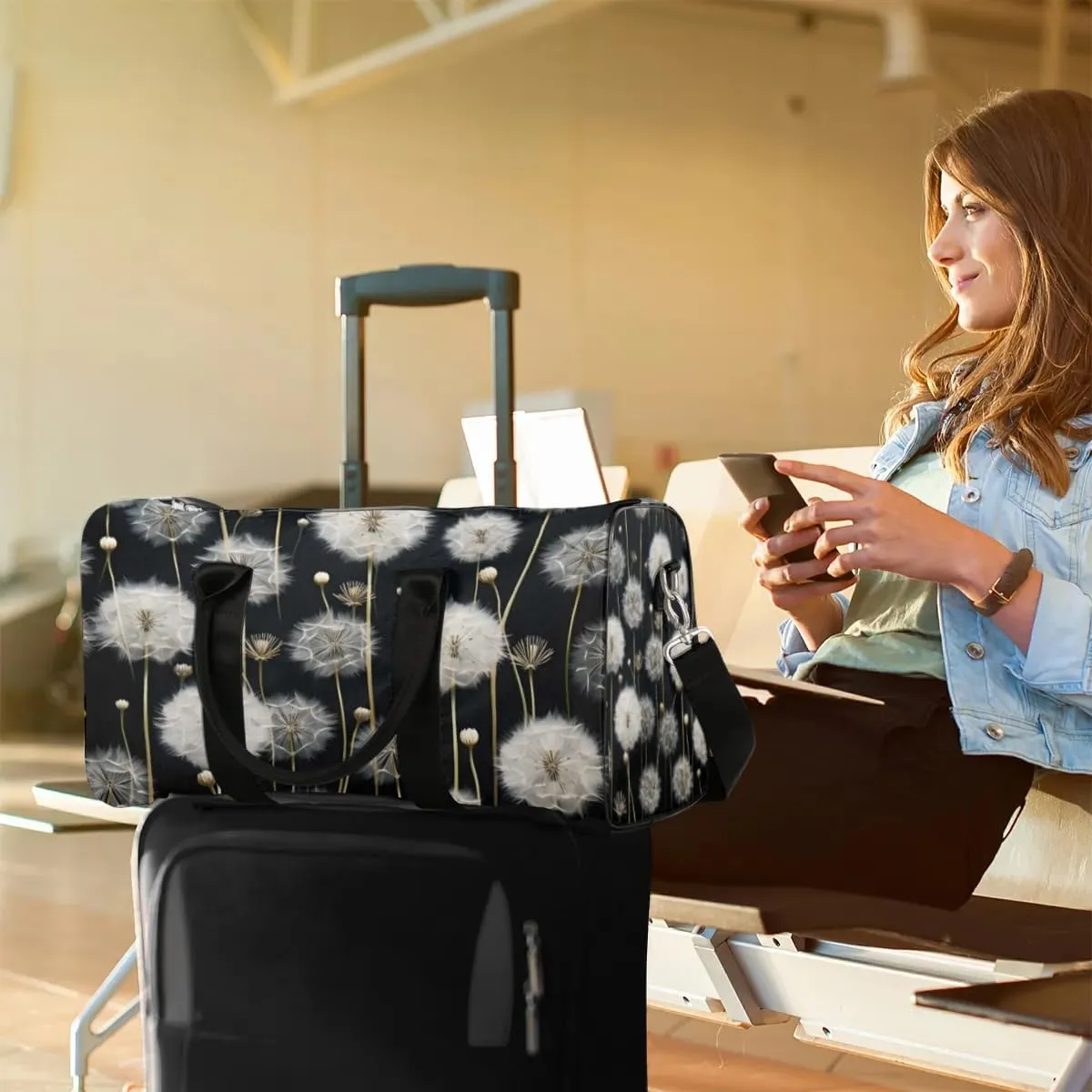 Travel Duffle Bag Dandelion Floral Flower Gym Bags for Men Women Travel Duffel Bags with Adjustable Shoulder Strap Carry On Weekender Bag