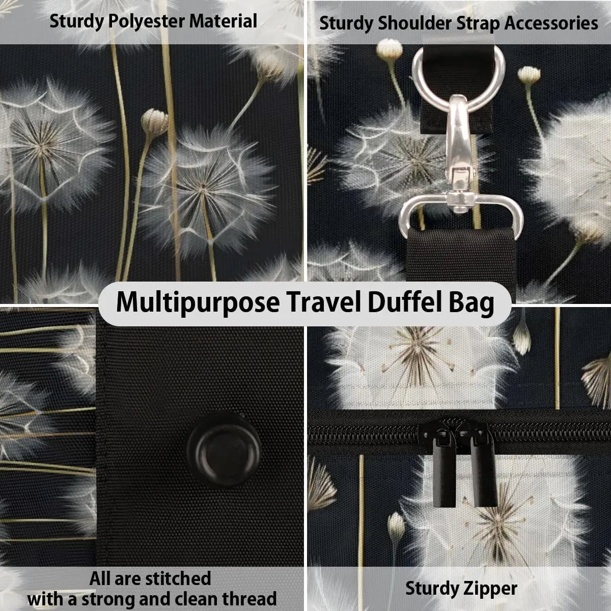 Travel Duffle Bag Dandelion Floral Flower Gym Bags for Men Women Travel Duffel Bags with Adjustable Shoulder Strap Carry On Weekender Bag