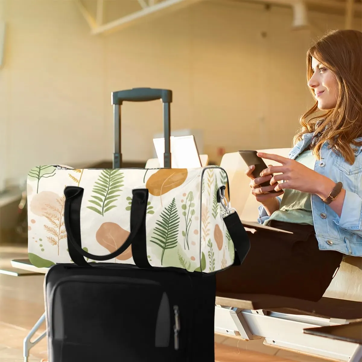 Travel Duffle Bag Fern Leaf Print Gym Bags for Men Women Travel Duffel Bags with Adjustable Shoulder Strap Carry On Weekender Bag