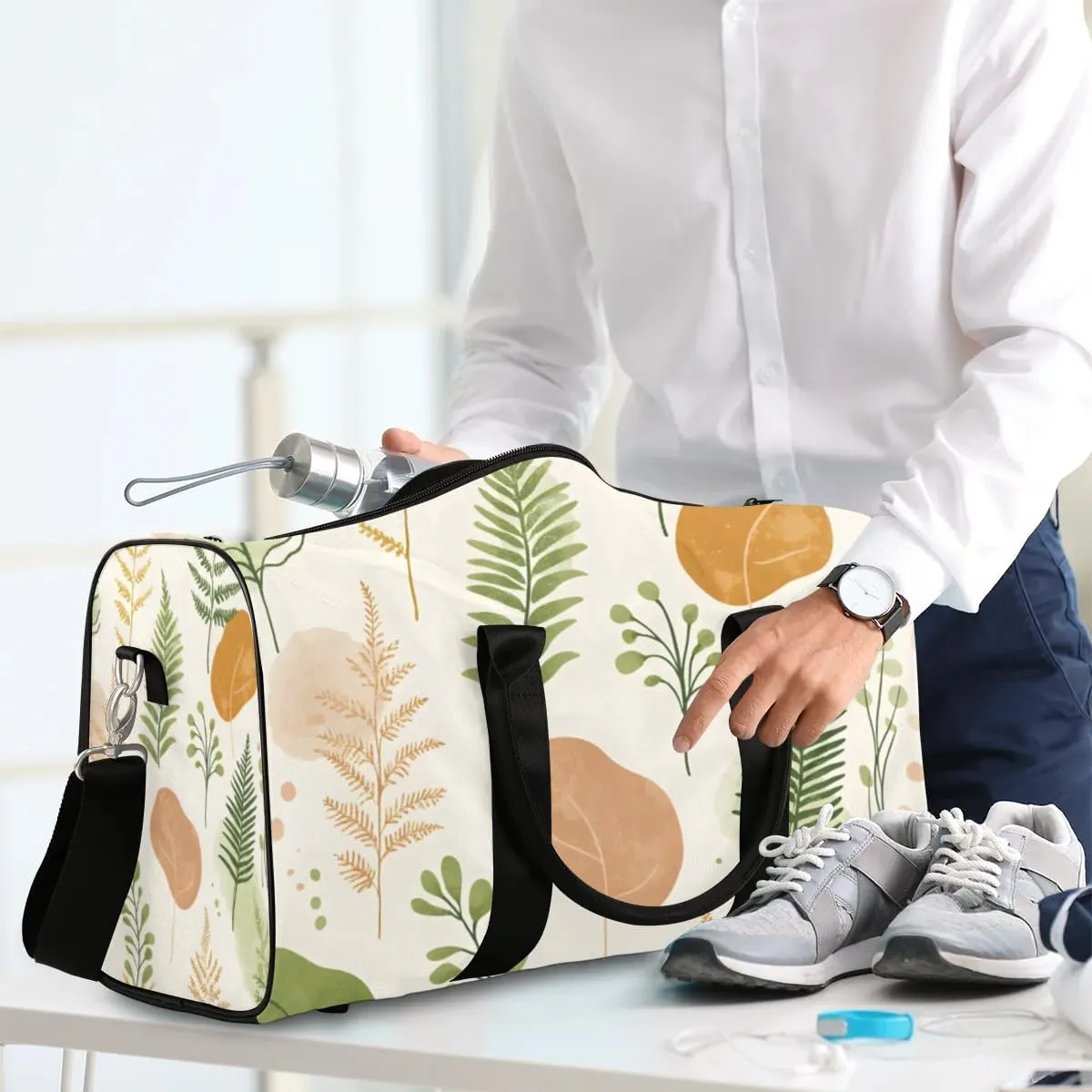 Travel Duffle Bag Fern Leaf Print Gym Bags for Men Women Travel Duffel Bags with Adjustable Shoulder Strap Carry On Weekender Bag