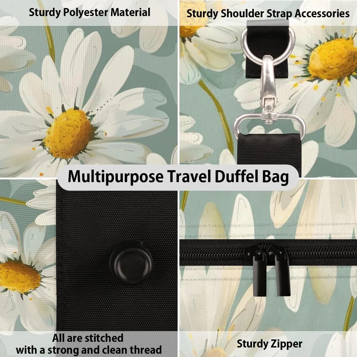 Travel Duffle Bag Flower Daisy Print Gym Bags for Men Women Travel Duffel Bags with Adjustable Shoulder Strap Carry On Weekender Bag