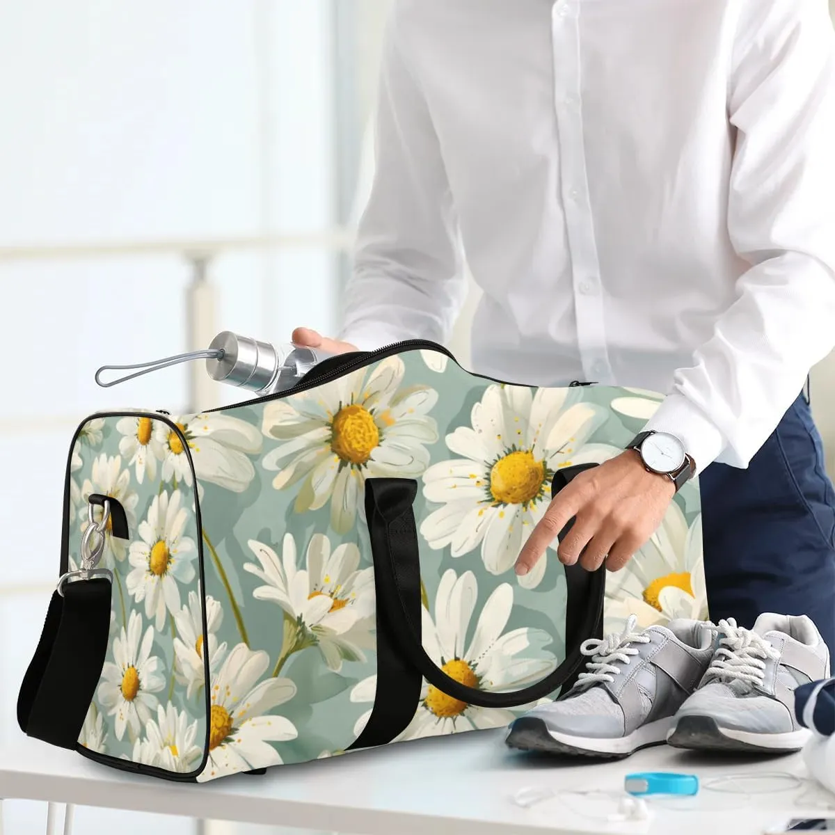 Travel Duffle Bag Flower Daisy Print Gym Bags for Men Women Travel Duffel Bags with Adjustable Shoulder Strap Carry On Weekender Bag