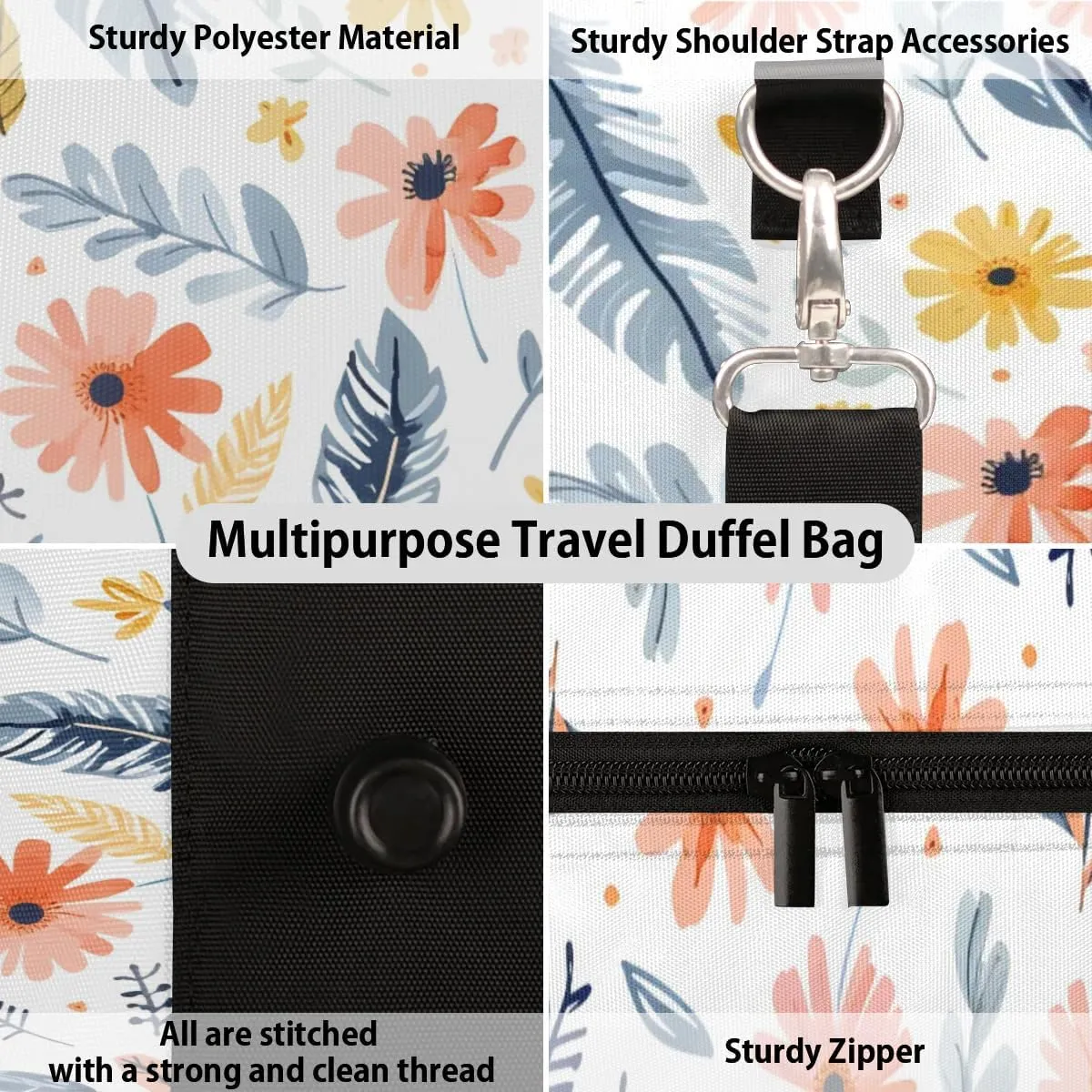 Travel Duffle Bag Flower Feather Gym Bags for Men Women Travel Duffel Bags with Adjustable Shoulder Strap Carry On Weekender Bag