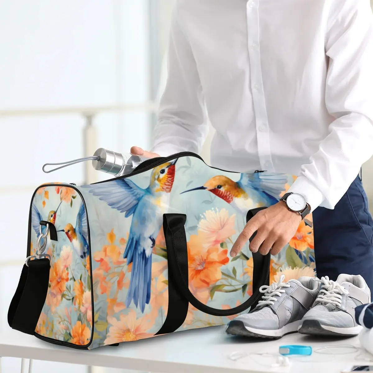 Travel Duffle Bag Flowers Hummingbirds Gym Bags for Men Women Travel Duffel Bags with Adjustable Shoulder Strap Carry On Weekender Bag