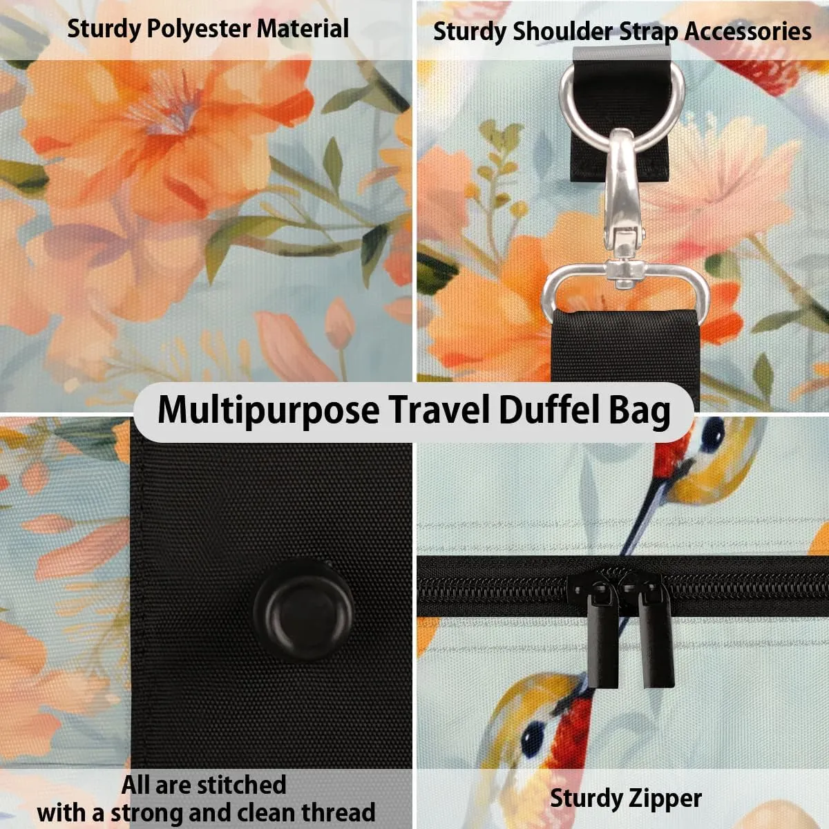 Travel Duffle Bag Flowers Hummingbirds Gym Bags for Men Women Travel Duffel Bags with Adjustable Shoulder Strap Carry On Weekender Bag