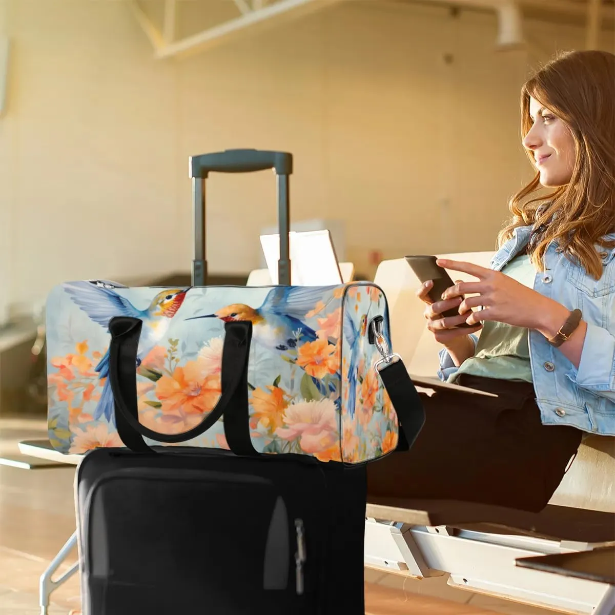 Travel Duffle Bag Flowers Hummingbirds Gym Bags for Men Women Travel Duffel Bags with Adjustable Shoulder Strap Carry On Weekender Bag