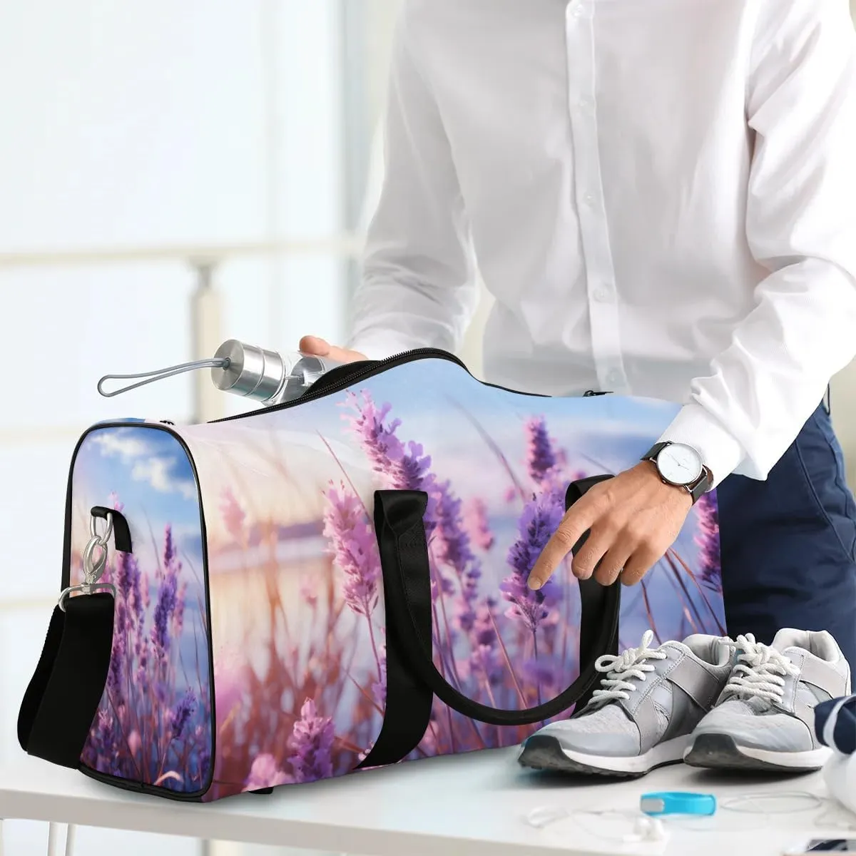 Travel Duffle Bag Fragrant Lavender Gym Bags for Men Women Travel Duffel Bags with Adjustable Shoulder Strap Carry On Weekender Bag