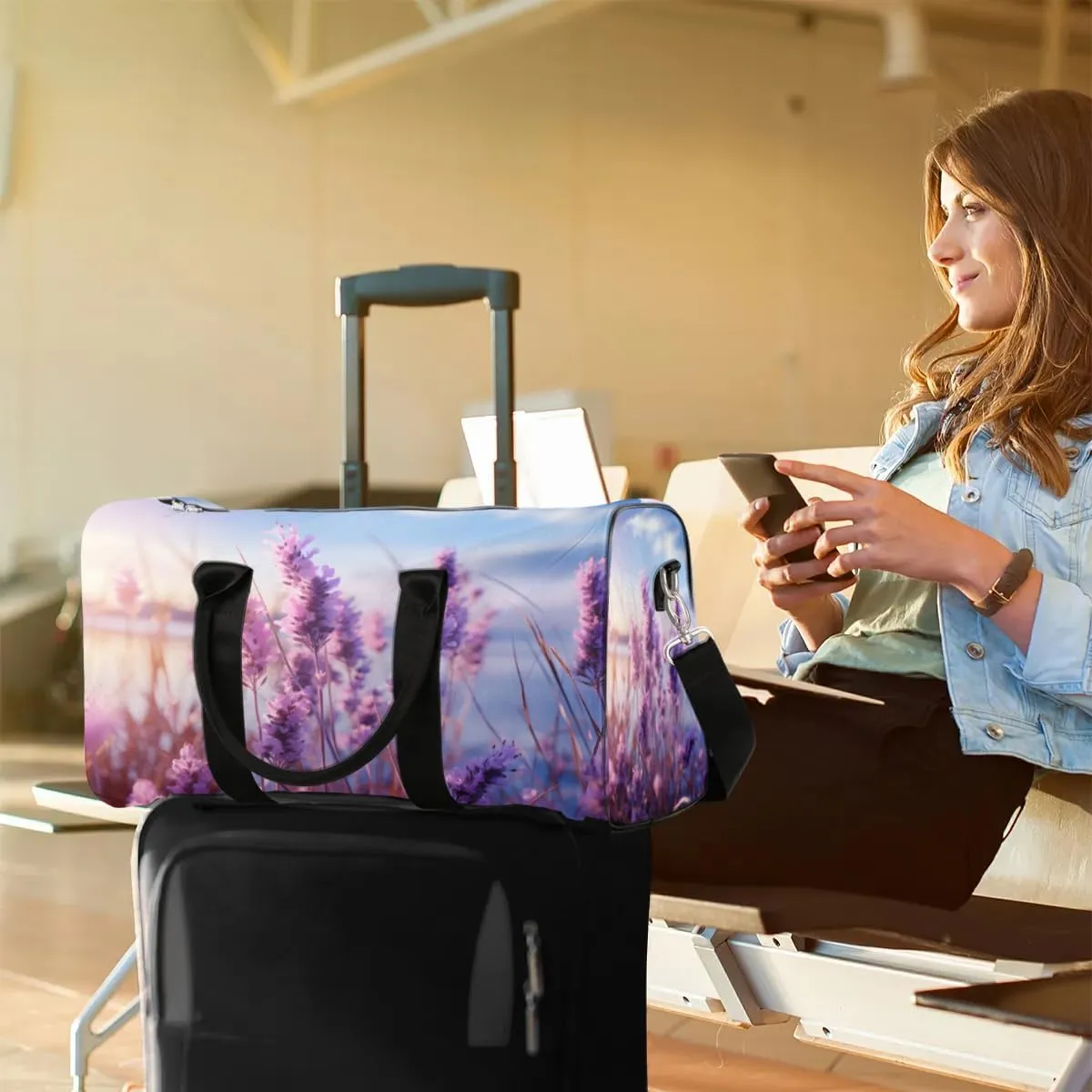 Travel Duffle Bag Fragrant Lavender Gym Bags for Men Women Travel Duffel Bags with Adjustable Shoulder Strap Carry On Weekender Bag