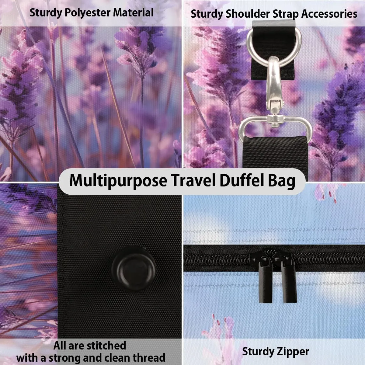 Travel Duffle Bag Fragrant Lavender Gym Bags for Men Women Travel Duffel Bags with Adjustable Shoulder Strap Carry On Weekender Bag