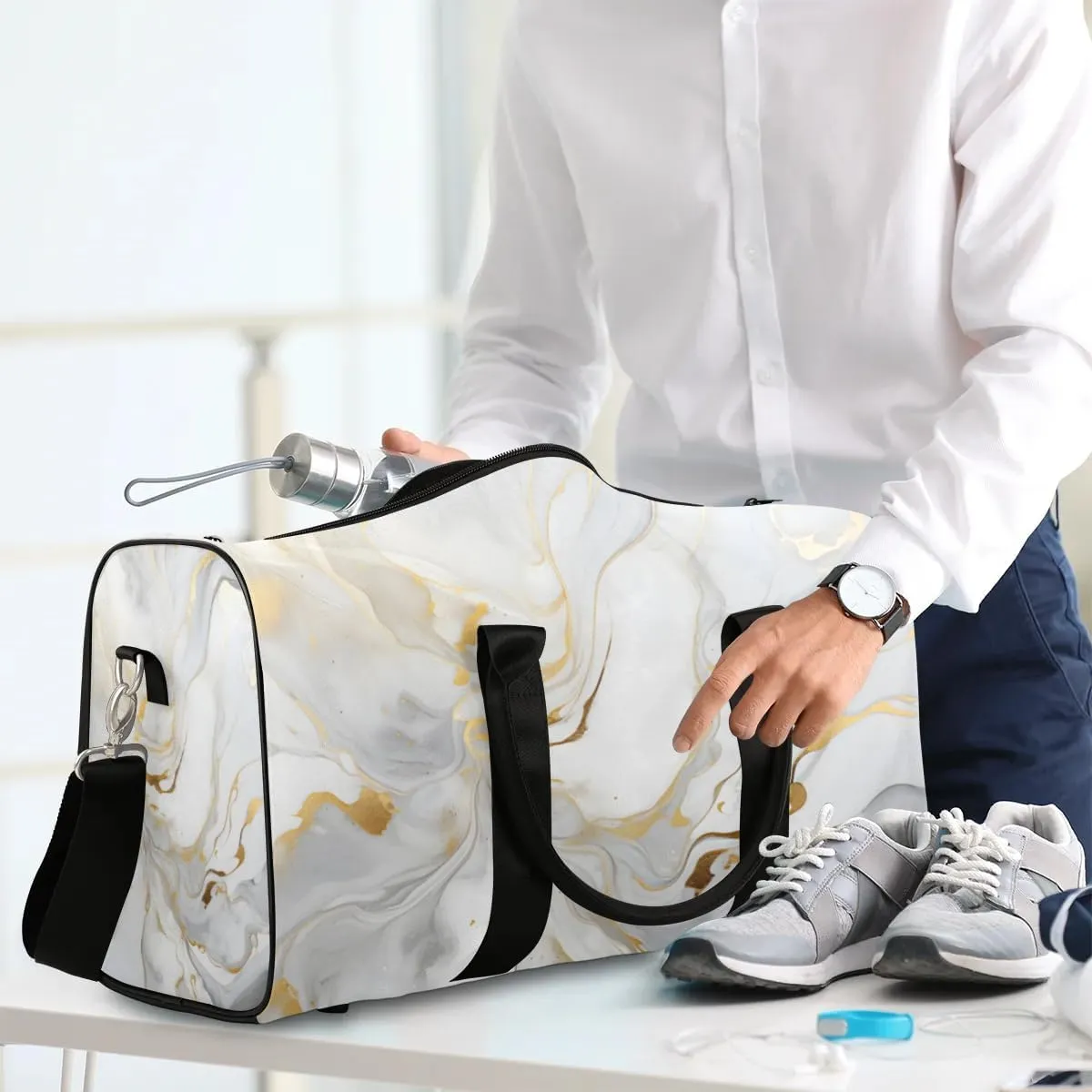 Travel Duffle Bag Gray White Marble Style Gym Bags for Men Women Travel Duffel Bags with Adjustable Shoulder Strap Carry On Weekender Bag
