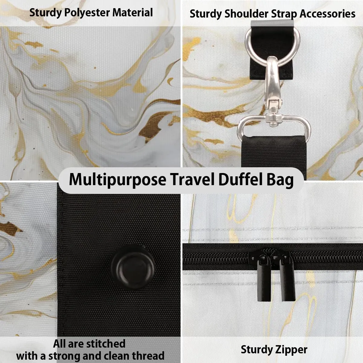 Travel Duffle Bag Gray White Marble Style Gym Bags for Men Women Travel Duffel Bags with Adjustable Shoulder Strap Carry On Weekender Bag