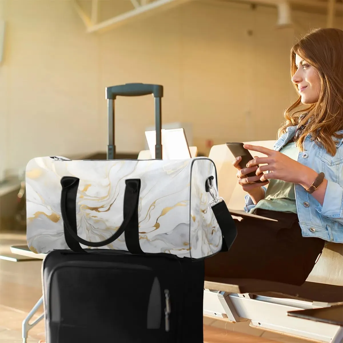 Travel Duffle Bag Gray White Marble Style Gym Bags for Men Women Travel Duffel Bags with Adjustable Shoulder Strap Carry On Weekender Bag