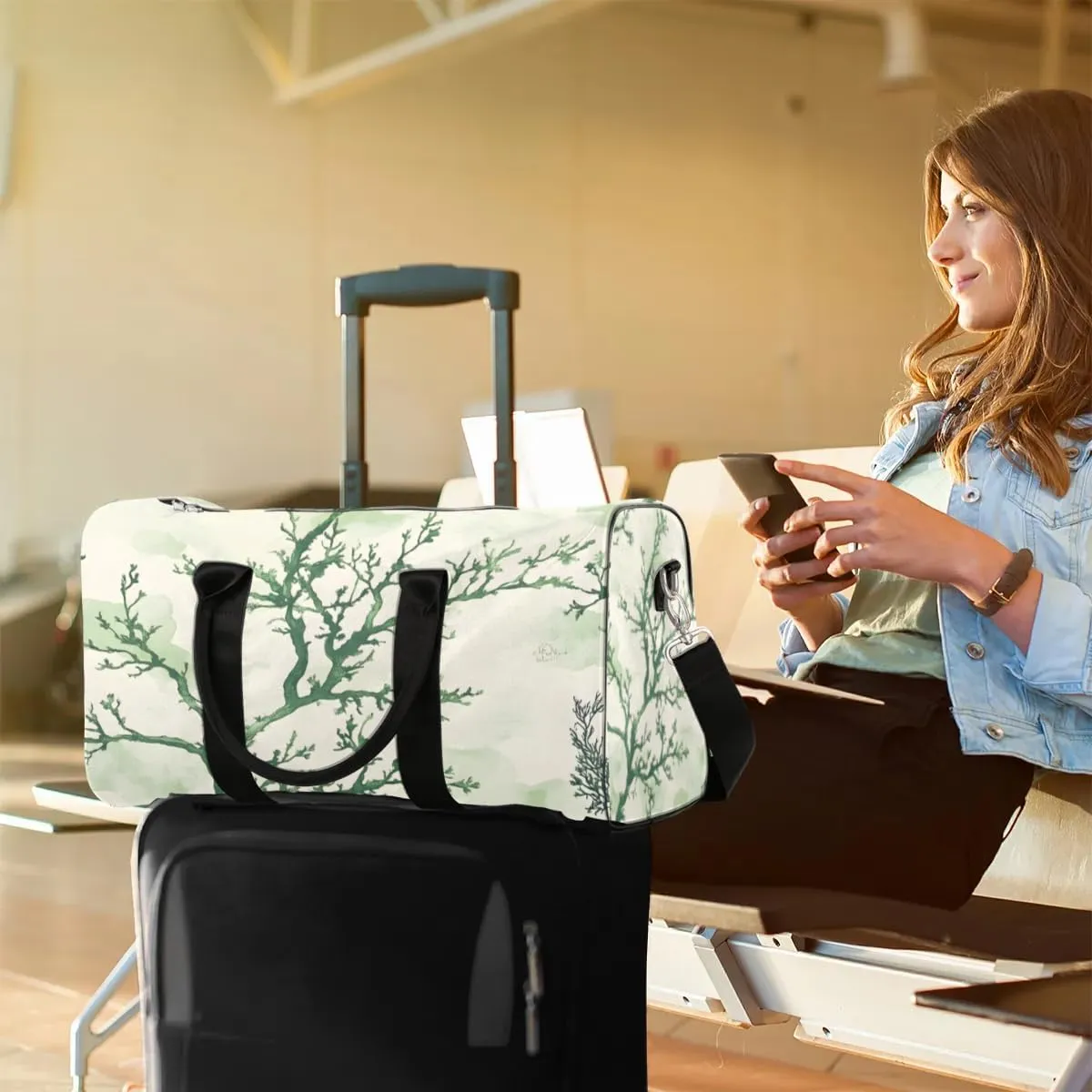Travel Duffle Bag Green Coral Gym Bags for Men Women Travel Duffel Bags with Adjustable Shoulder Strap Carry On Weekender Bag