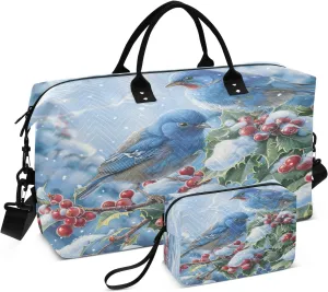 Travel Duffle Bag Gym Bag, Blue Bird Evergreen Branch Weekender Bags for Women with Toiletry Bag Travel Tote Bag Swim Bag