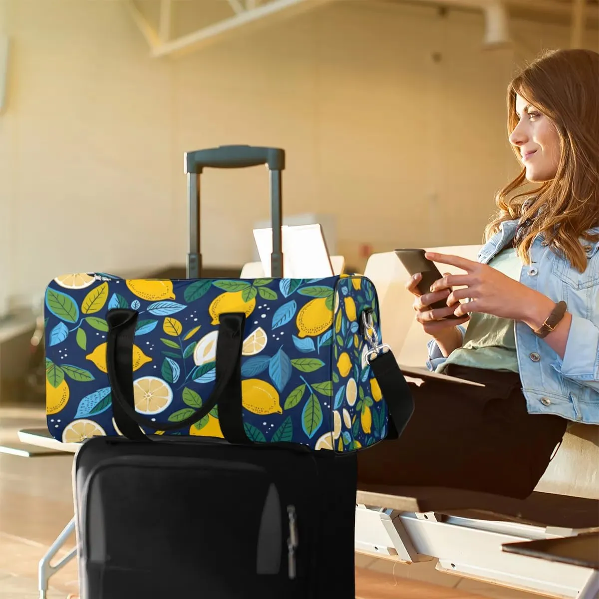 Travel Duffle Bag Lemons Prints Gym Bags for Men Women Travel Duffel Bags with Adjustable Shoulder Strap Carry On Weekender Bag