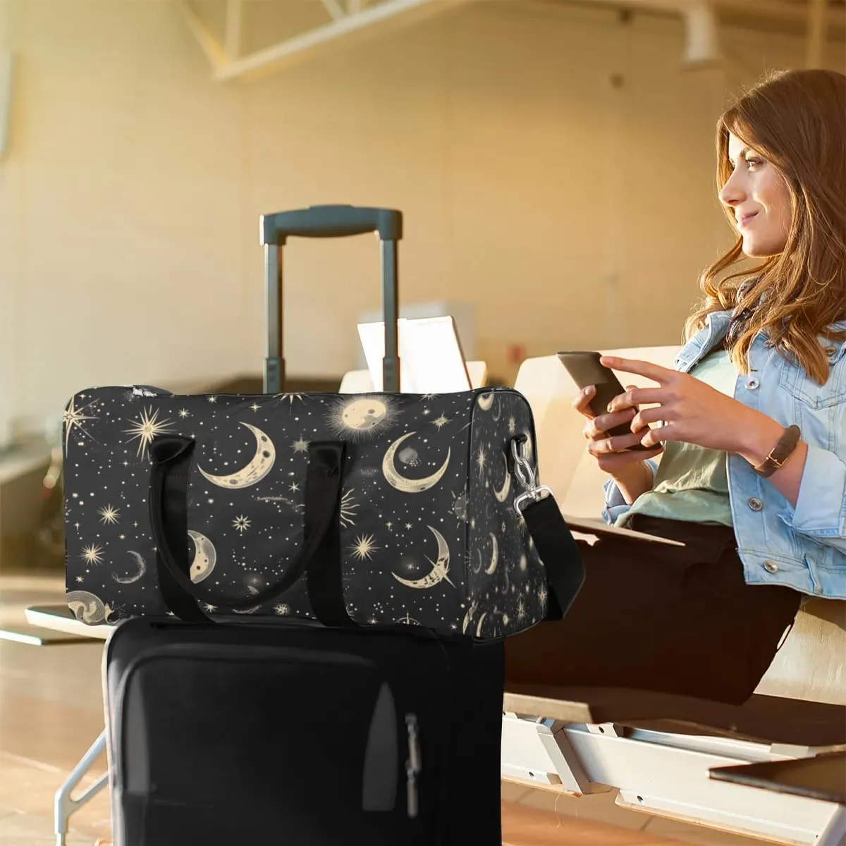Travel Duffle Bag Moon Stars Gym Bags for Men Women Travel Duffel Bags with Adjustable Shoulder Strap Carry On Weekender Bag