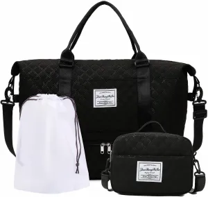 Travel Duffle Bag,Weekender Bags for Women with Shoe Compartment，Carry on Overnight Bag with Toiletry Bag,Gym Duffel Bag with Wet Pocket, Hospital Bags for Labor and Delivery (Black-Large-3 Pcs)