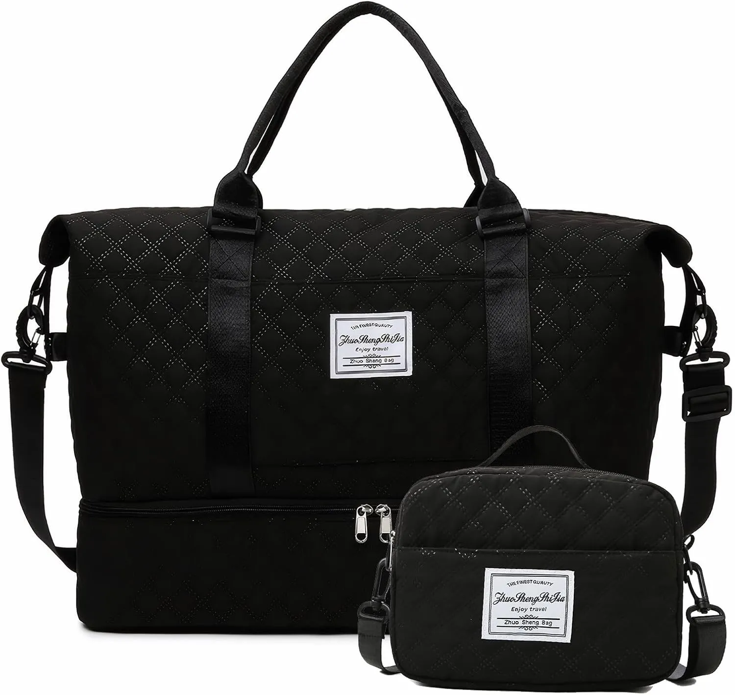 Travel Duffle Bag,Weekender Bags for Women with Shoe Compartment，Carry on Overnight Bag with Toiletry Bag,Gym Duffel Bag with Wet Pocket, Hospital Bags for Labor and Delivery (Black-Large-3 Pcs)