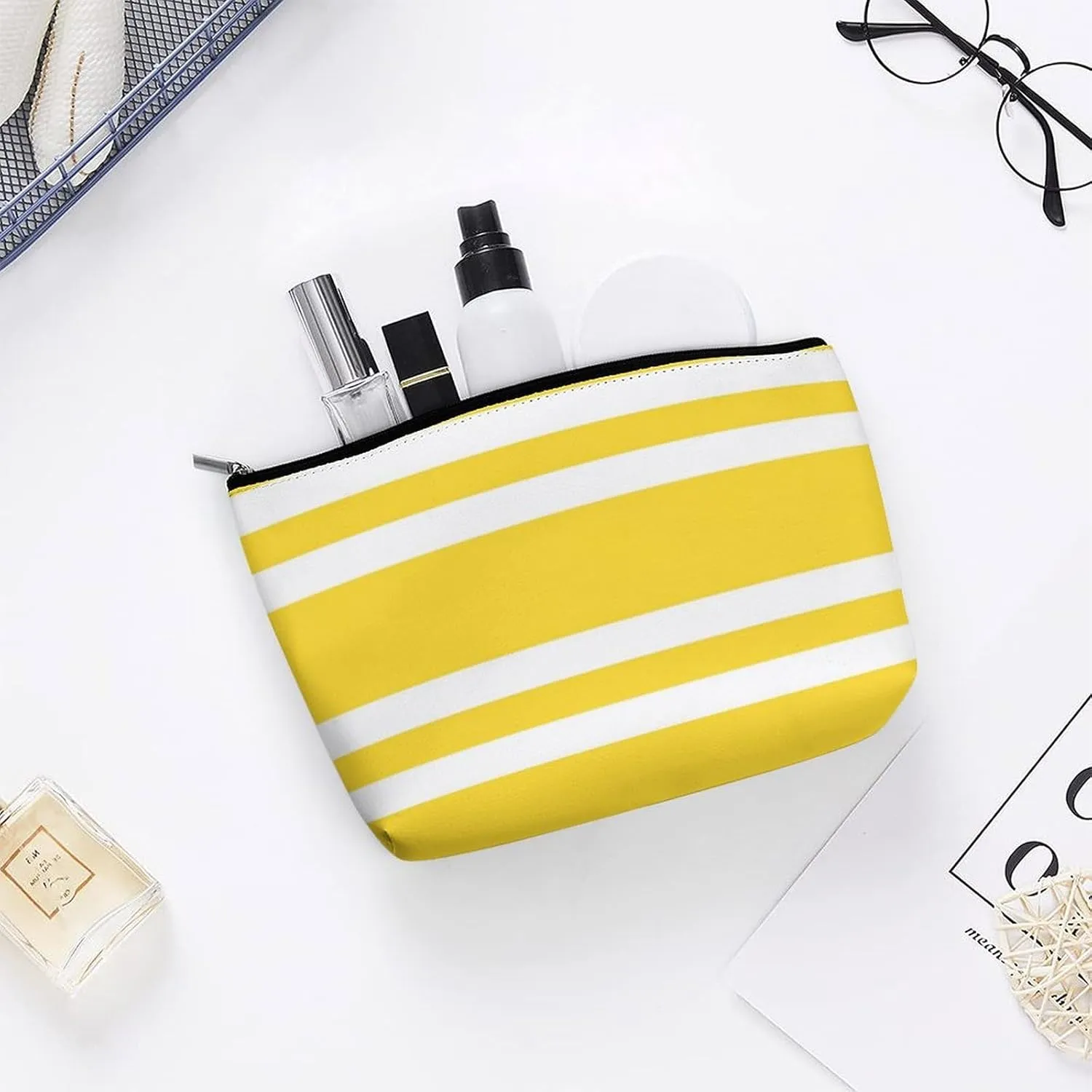 Travel Makeup Bag, Sunshine Yellow and White Striped Cosmetic Bags for Women Large Capacity Waterproof Toiletry Pouch Make up Organizer