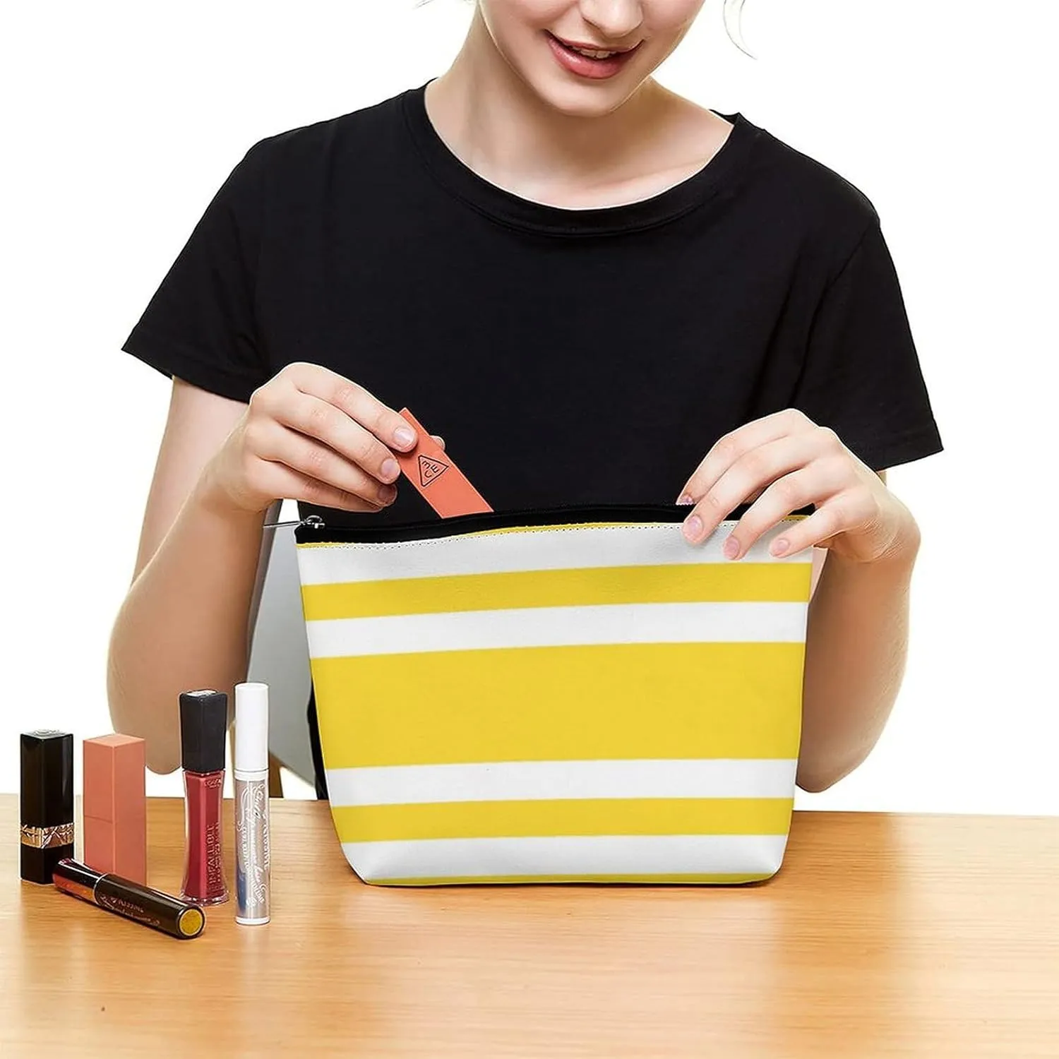 Travel Makeup Bag, Sunshine Yellow and White Striped Cosmetic Bags for Women Large Capacity Waterproof Toiletry Pouch Make up Organizer