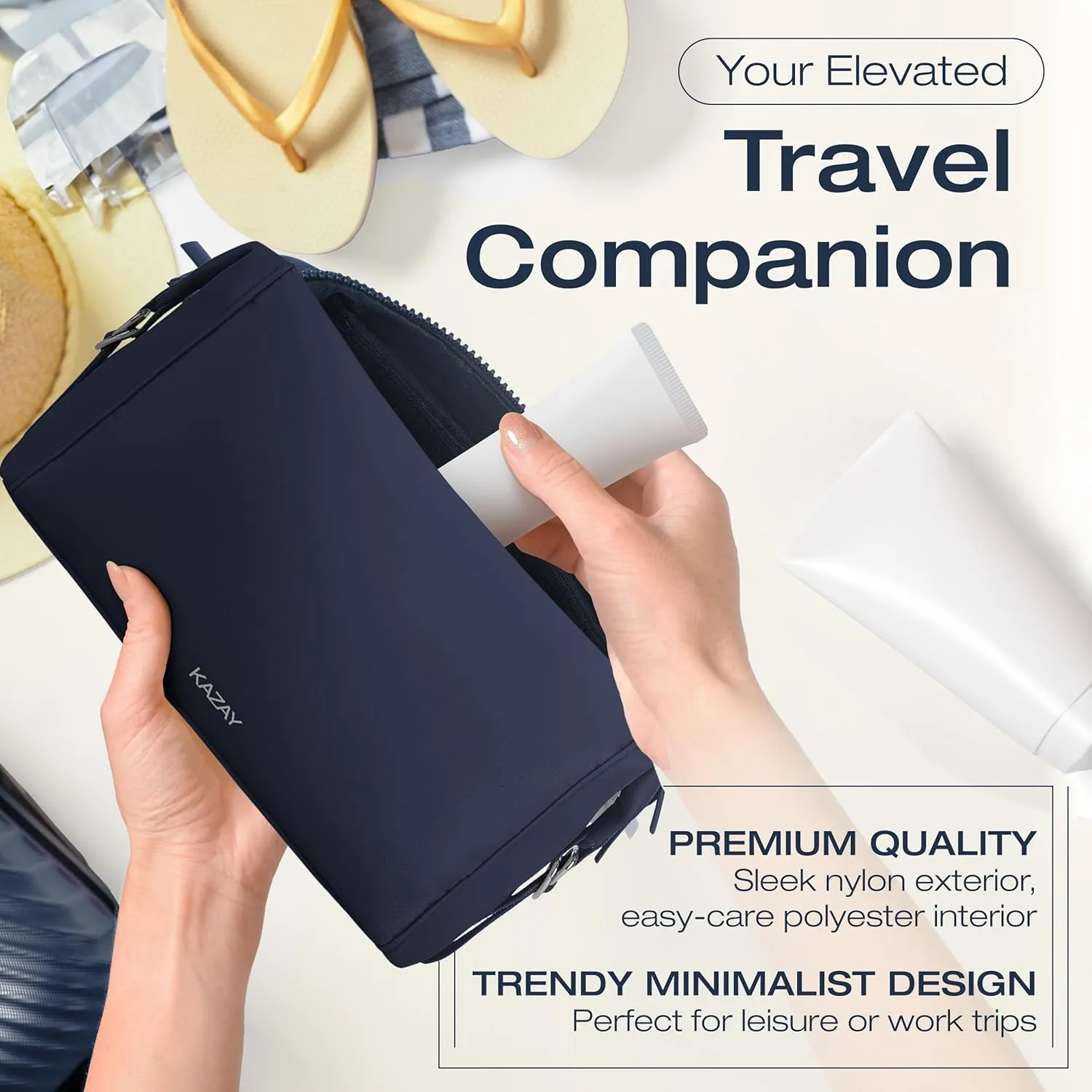 Travel Toiletry Bag, 5.5L Large Capacity with Side Clips for Adjustable Sizing, Premium Nylon, Water Resistant, Cosmetic Bag, Stylish, Full-Size Bottles, Makeup Bag, Unisex (Navy)