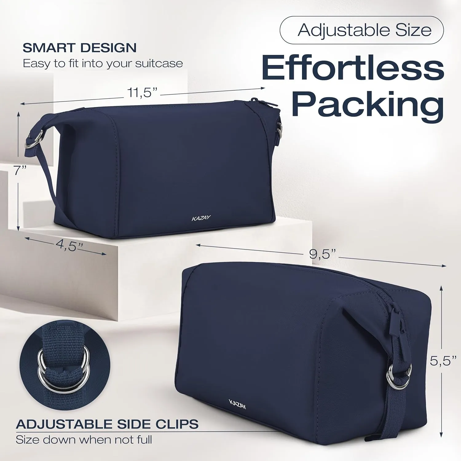 Travel Toiletry Bag, 5.5L Large Capacity with Side Clips for Adjustable Sizing, Premium Nylon, Water Resistant, Cosmetic Bag, Stylish, Full-Size Bottles, Makeup Bag, Unisex (Navy)