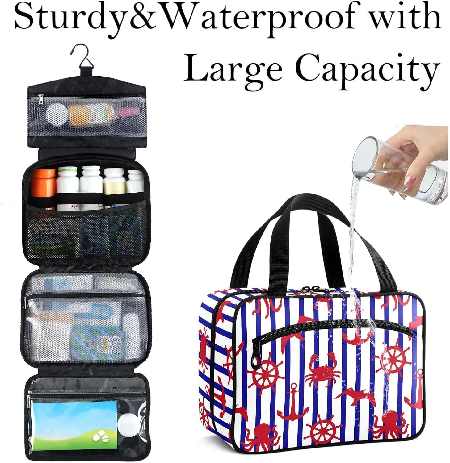 Travel Toiletry Bag for Woman/Men, White and Navy Blue Striped Nautical Hanging Organizer Bag with Pockets Portable Folding Travel Case Bags for Makeup Cosmetic Toiletries Storage Traveling-M