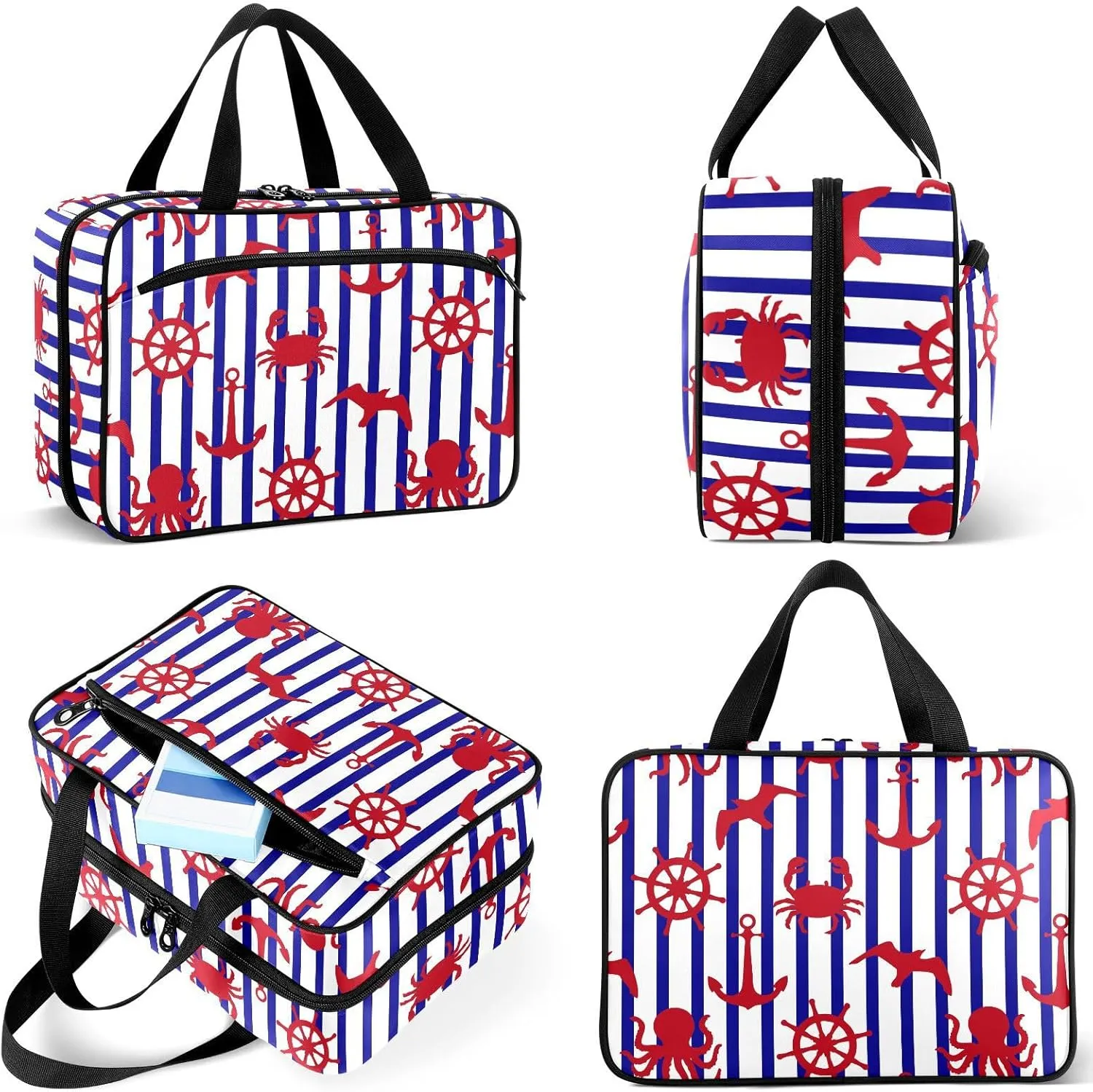 Travel Toiletry Bag for Woman/Men, White and Navy Blue Striped Nautical Hanging Organizer Bag with Pockets Portable Folding Travel Case Bags for Makeup Cosmetic Toiletries Storage Traveling-M