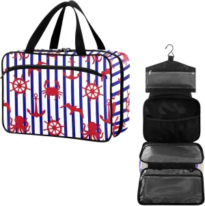 Travel Toiletry Bag for Woman/Men, White and Navy Blue Striped Nautical Hanging Organizer Bag with Pockets Portable Folding Travel Case Bags for Makeup Cosmetic Toiletries Storage Traveling-M