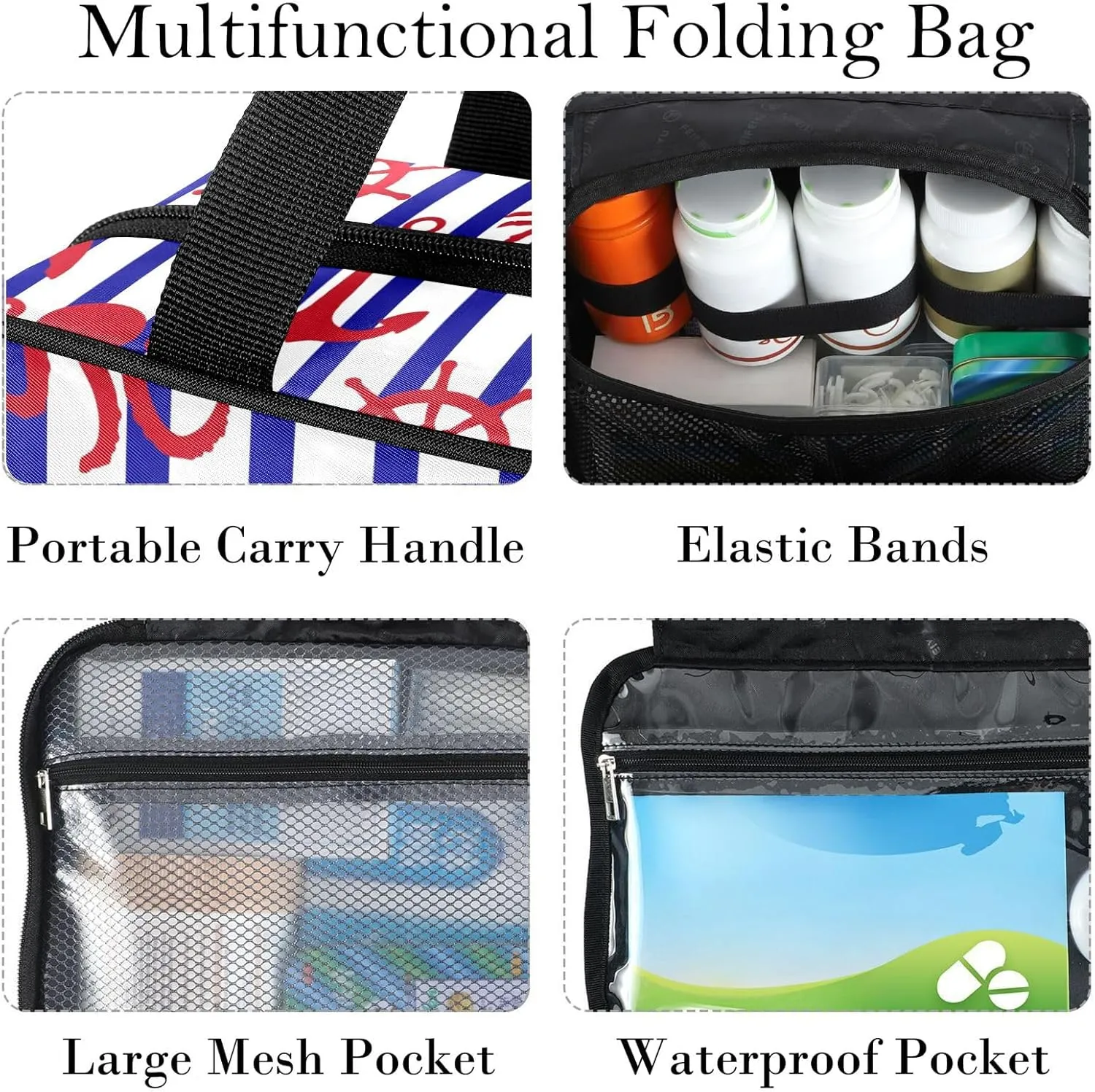 Travel Toiletry Bag for Woman/Men, White and Navy Blue Striped Nautical Hanging Organizer Bag with Pockets Portable Folding Travel Case Bags for Makeup Cosmetic Toiletries Storage Traveling-M