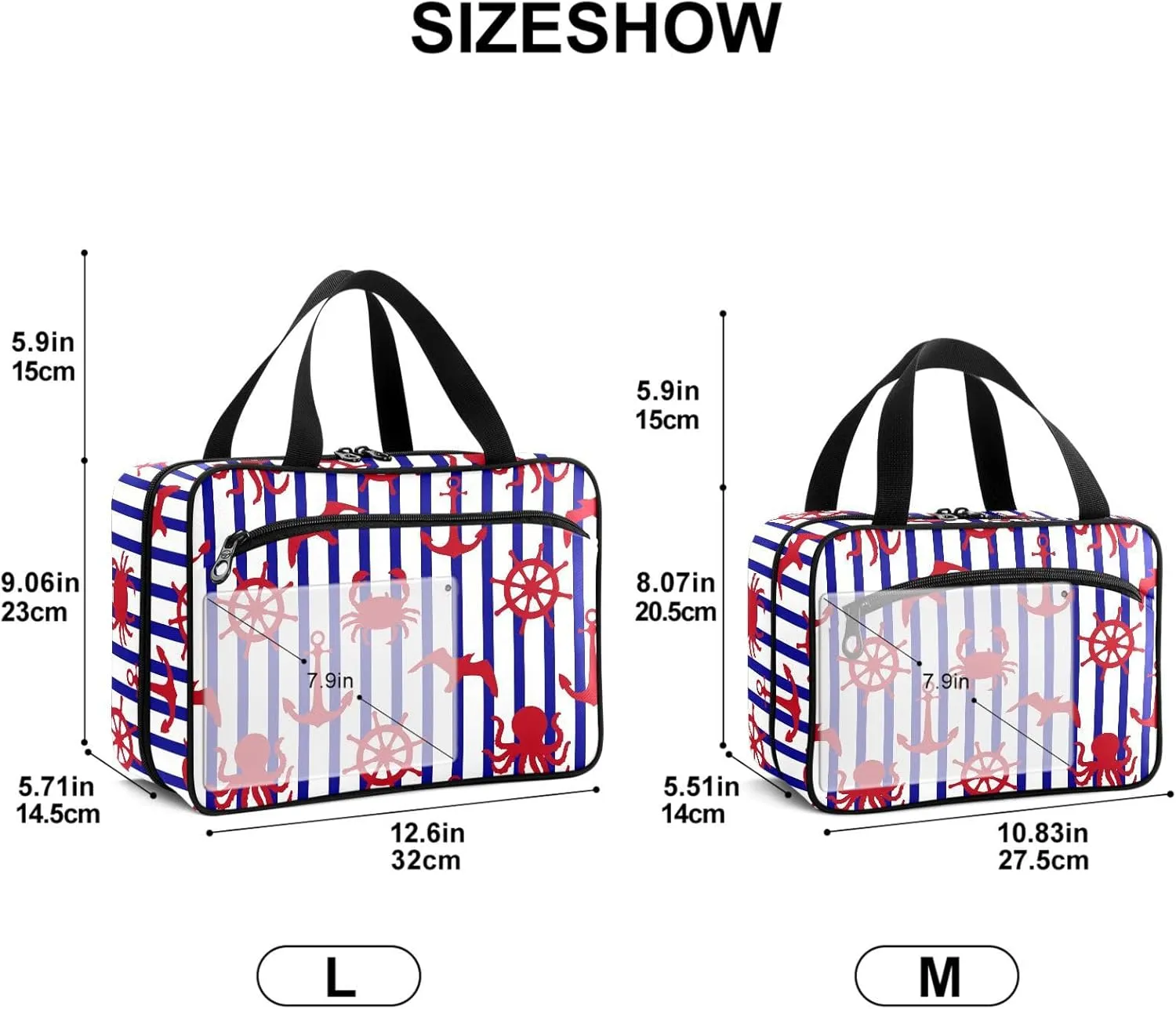 Travel Toiletry Bag for Woman/Men, White and Navy Blue Striped Nautical Hanging Organizer Bag with Pockets Portable Folding Travel Case Bags for Makeup Cosmetic Toiletries Storage Traveling-M