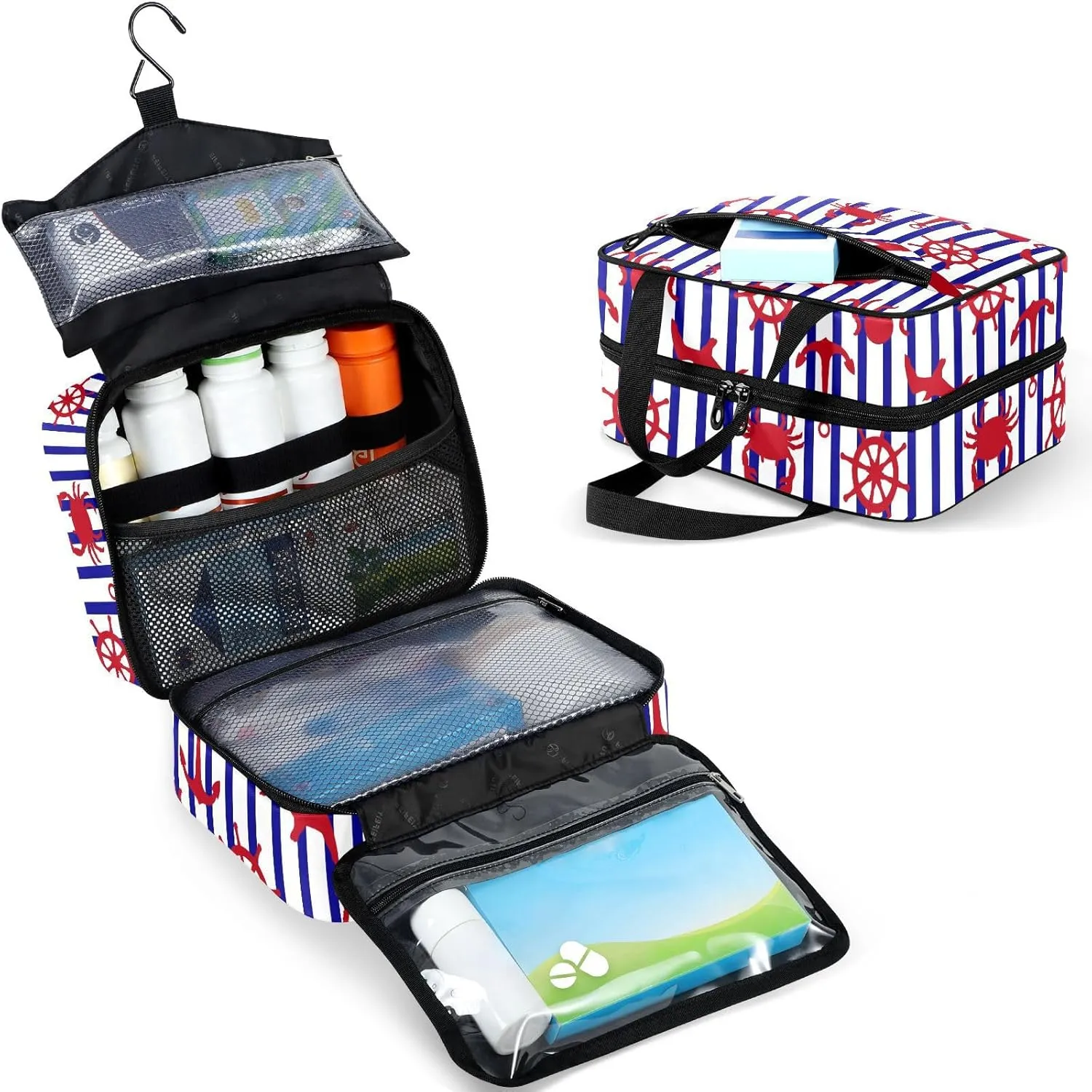 Travel Toiletry Bag for Woman/Men, White and Navy Blue Striped Nautical Hanging Organizer Bag with Pockets Portable Folding Travel Case Bags for Makeup Cosmetic Toiletries Storage Traveling-M