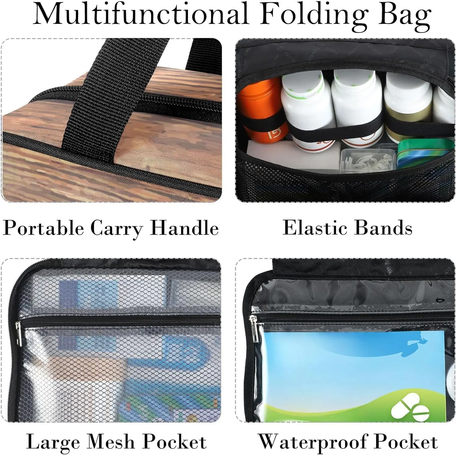 Travel Toiletry Bag for Woman/Men,Brown Wood Grain Wood Texture Hanging Organizer Bag with Pockets Portable Folding Travel Case Bags for Makeup Cosmetic Toiletries Storage Traveling-M