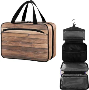 Travel Toiletry Bag for Woman/Men,Brown Wood Grain Wood Texture Hanging Organizer Bag with Pockets Portable Folding Travel Case Bags for Makeup Cosmetic Toiletries Storage Traveling-M