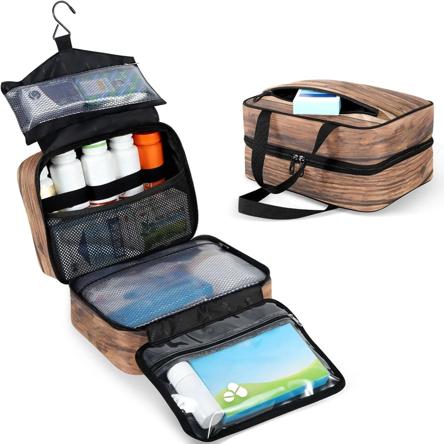 Travel Toiletry Bag for Woman/Men,Brown Wood Grain Wood Texture Hanging Organizer Bag with Pockets Portable Folding Travel Case Bags for Makeup Cosmetic Toiletries Storage Traveling-M
