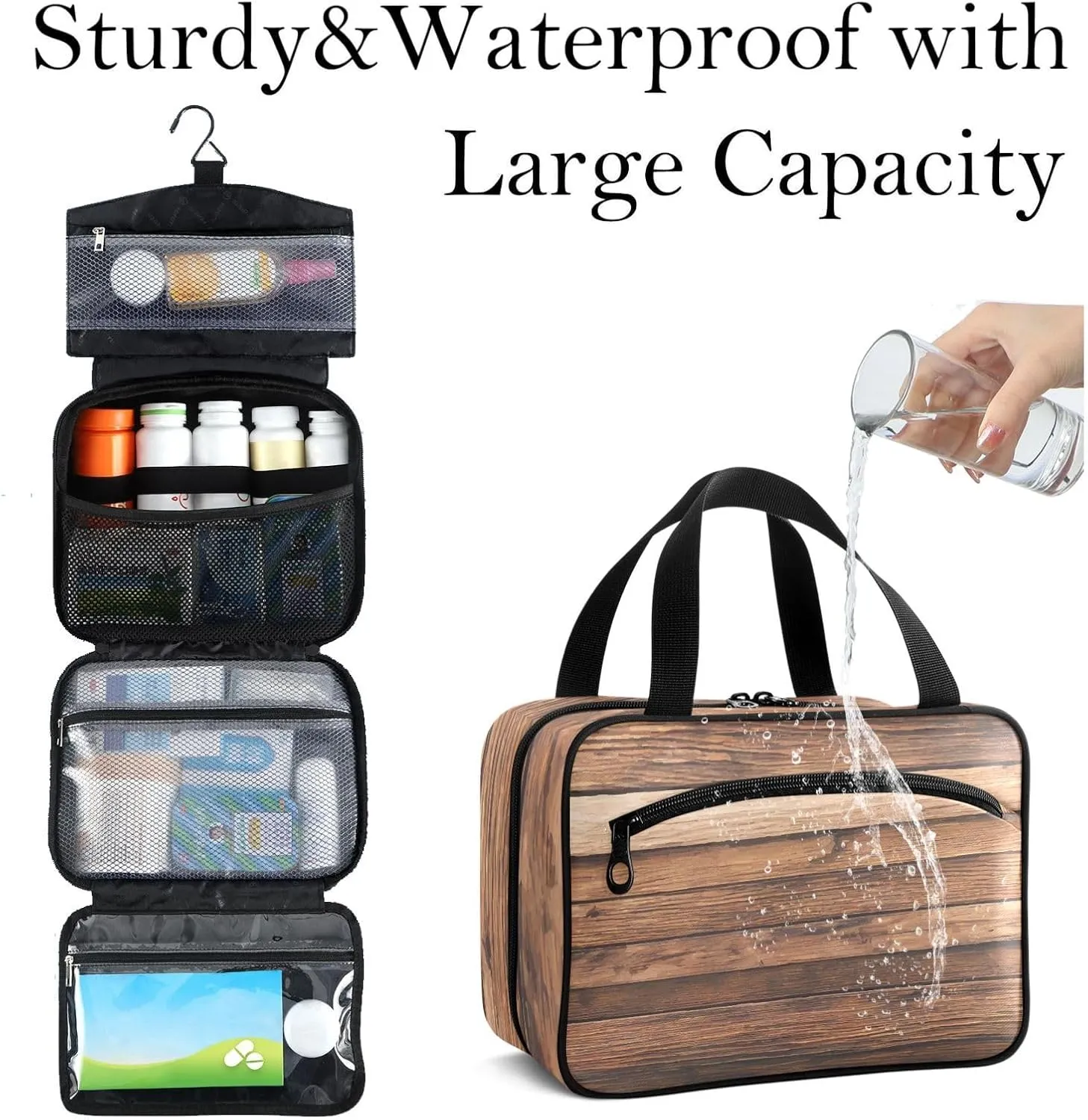 Travel Toiletry Bag for Woman/Men,Brown Wood Grain Wood Texture Hanging Organizer Bag with Pockets Portable Folding Travel Case Bags for Makeup Cosmetic Toiletries Storage Traveling-M
