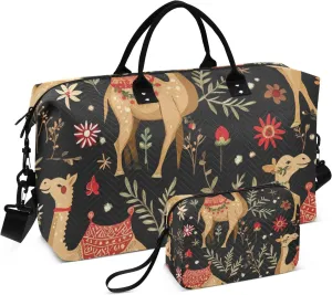 Travel Tote Bag Travel Weekender Gear Bag Gym Carry on Duffel Bags with Adjustable Strap for Trekking 2 Pcs Set Christmas Floral Pattern Camel
