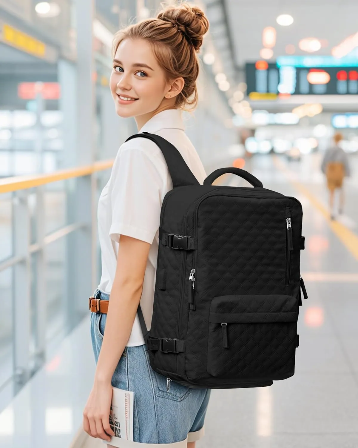 Travel Vacuum Storage Backpack with Air Pump Vacuum Seal Compression Space Saver Bags Clothing Vacpack Airback 18x14x8 inches Travel Bag Carry on Personal item Laptop Work Backpacks Women Men Black