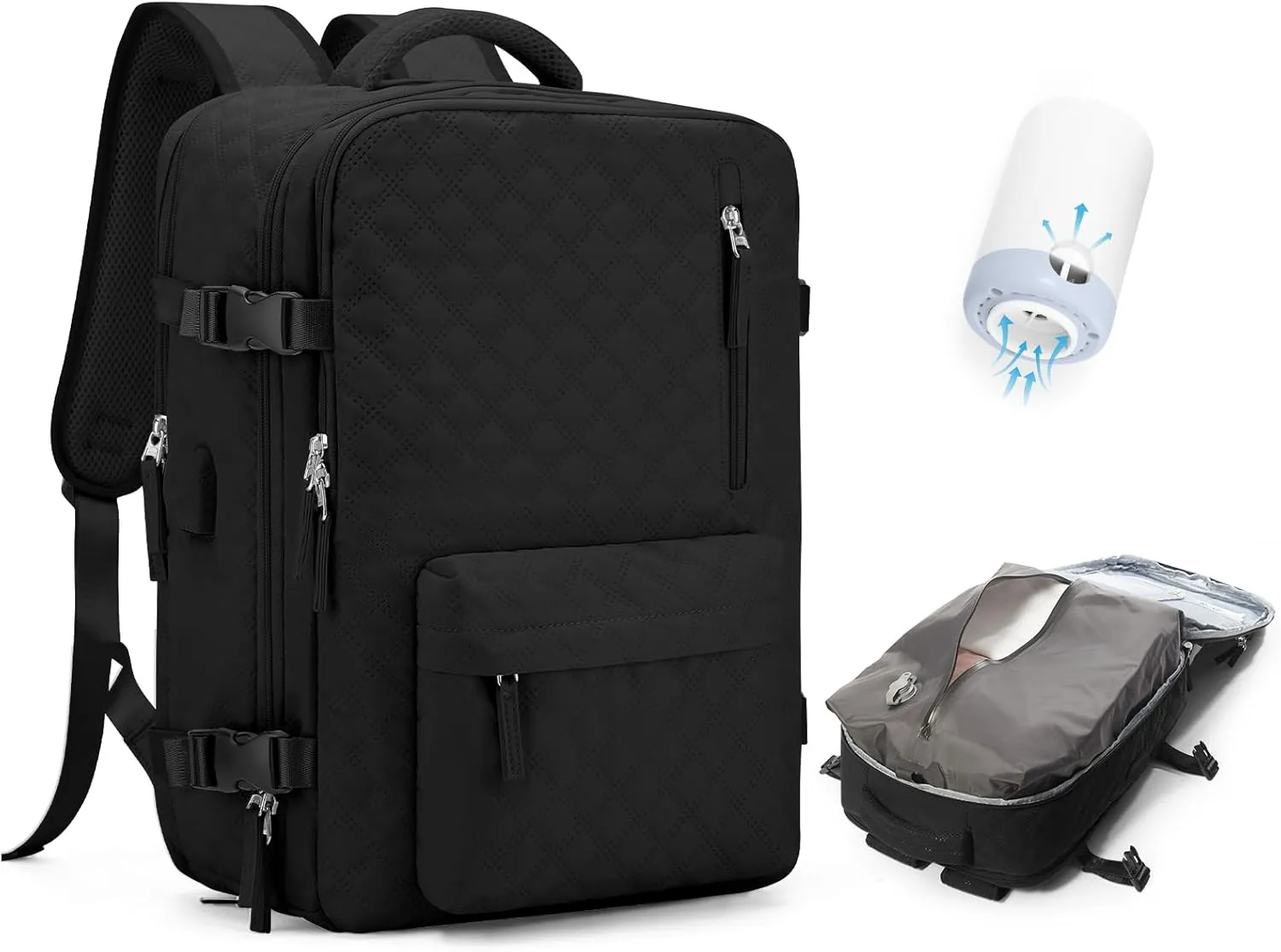 Travel Vacuum Storage Backpack with Air Pump Vacuum Seal Compression Space Saver Bags Clothing Vacpack Airback 18x14x8 inches Travel Bag Carry on Personal item Laptop Work Backpacks Women Men Black