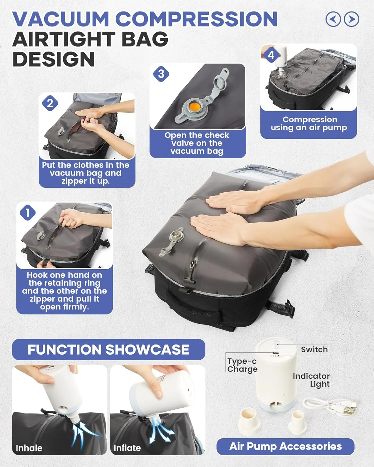 Travel Vacuum Storage Backpack with Air Pump Vacuum Seal Compression Space Saver Bags Clothing Vacpack Airback 18x14x8 inches Travel Bag Carry on Personal item Laptop Work Backpacks Women Men Black